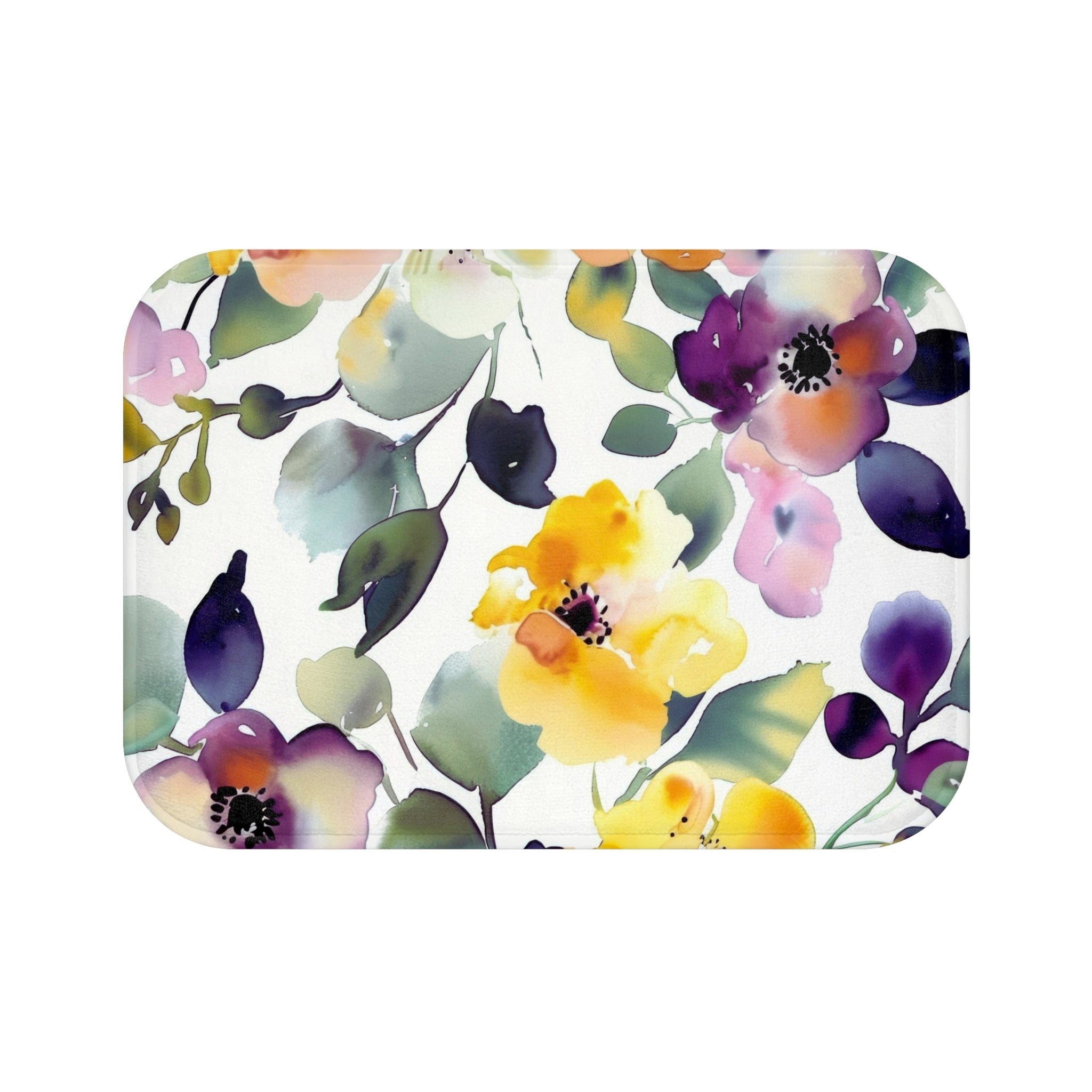 Floral Bath, Kitchen Mat | Botanical Yellow Purple, Green Watercolor