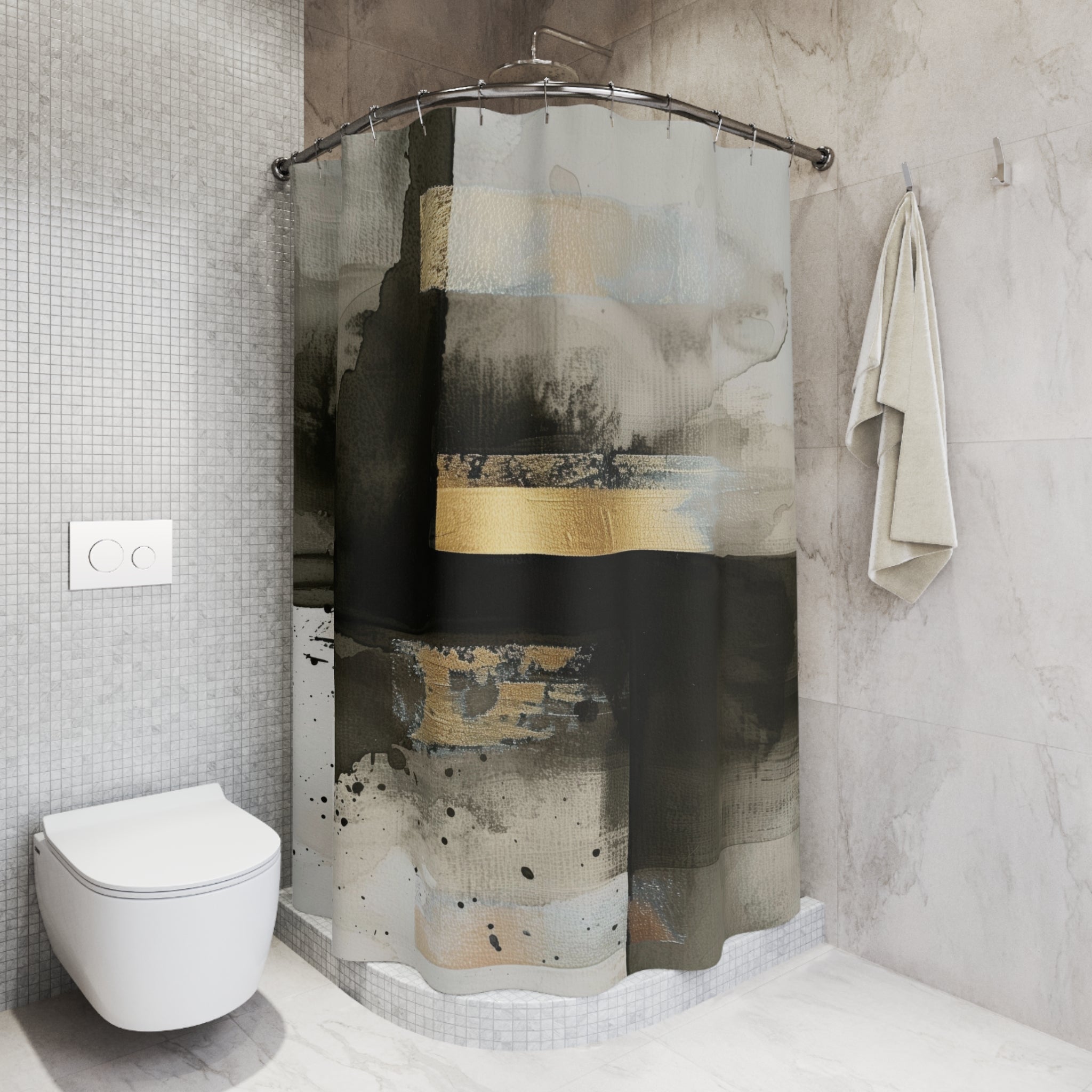 Abstract Shower Curtain | Black Grey Ombre Muted Gold