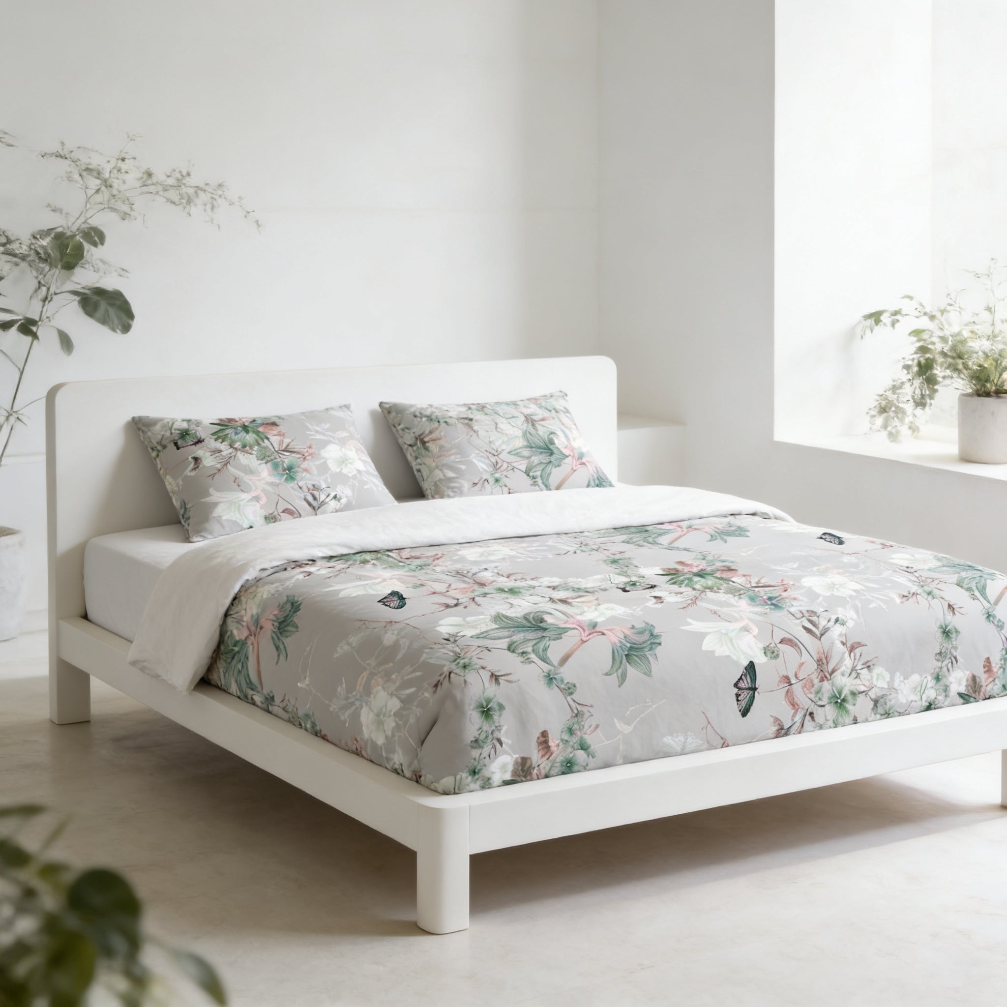 a white bed with a floral print comforter and pillows, set against a white wall and a window.