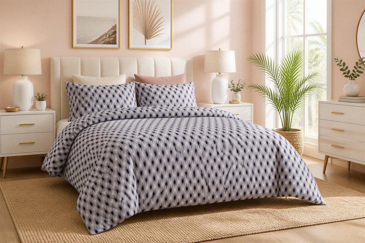 a well-decorated bedroom with a large bed, white nightstands, and a large window. The bed is covered in a patterned comforter and pillows, and there are two framed pictures on the wall above the bed. The room also features a potted plant and a vase, adding to the overall aesthetic.