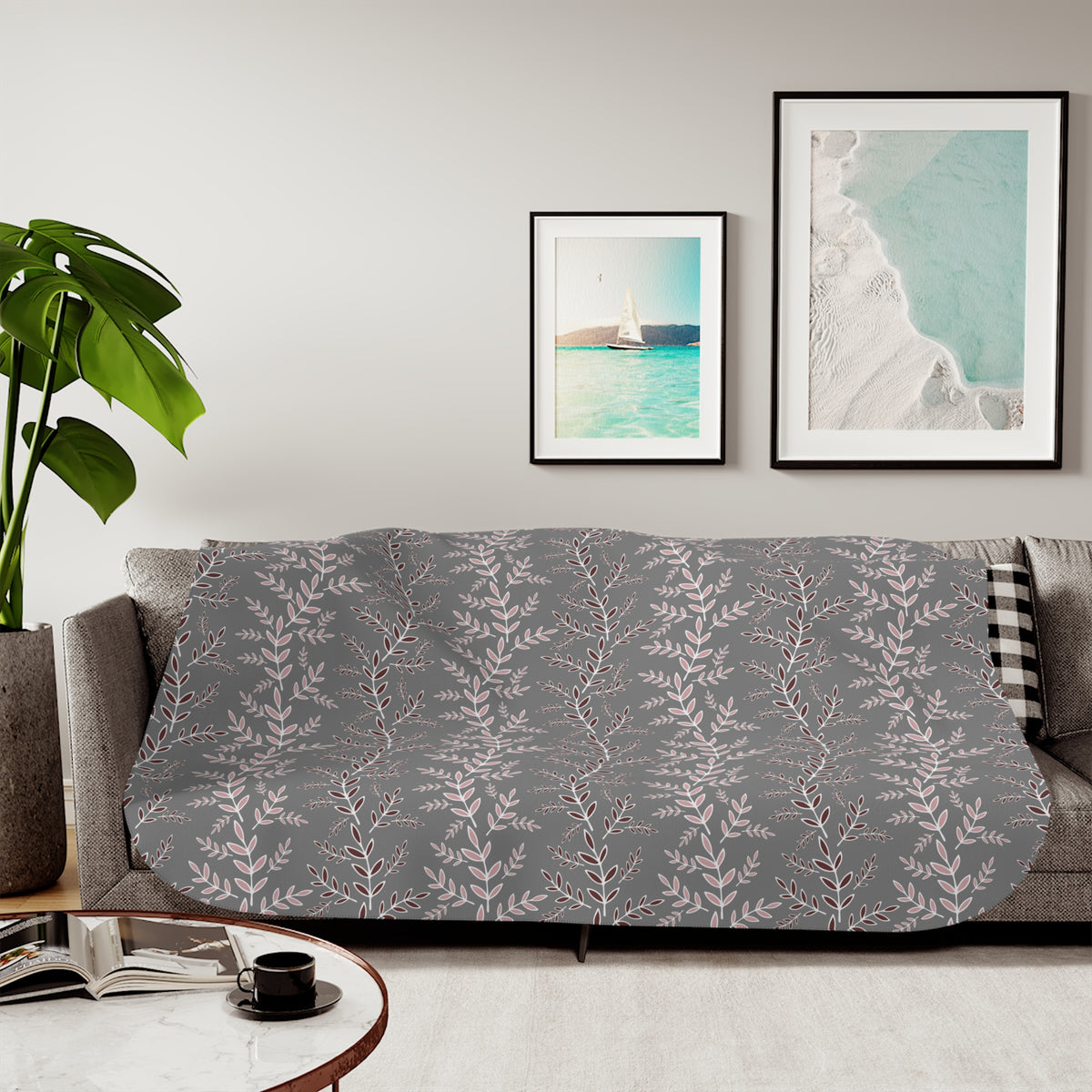 Blush Burgundy Leaf Sprig Sherpa Blanket | Gray Botanical Throw