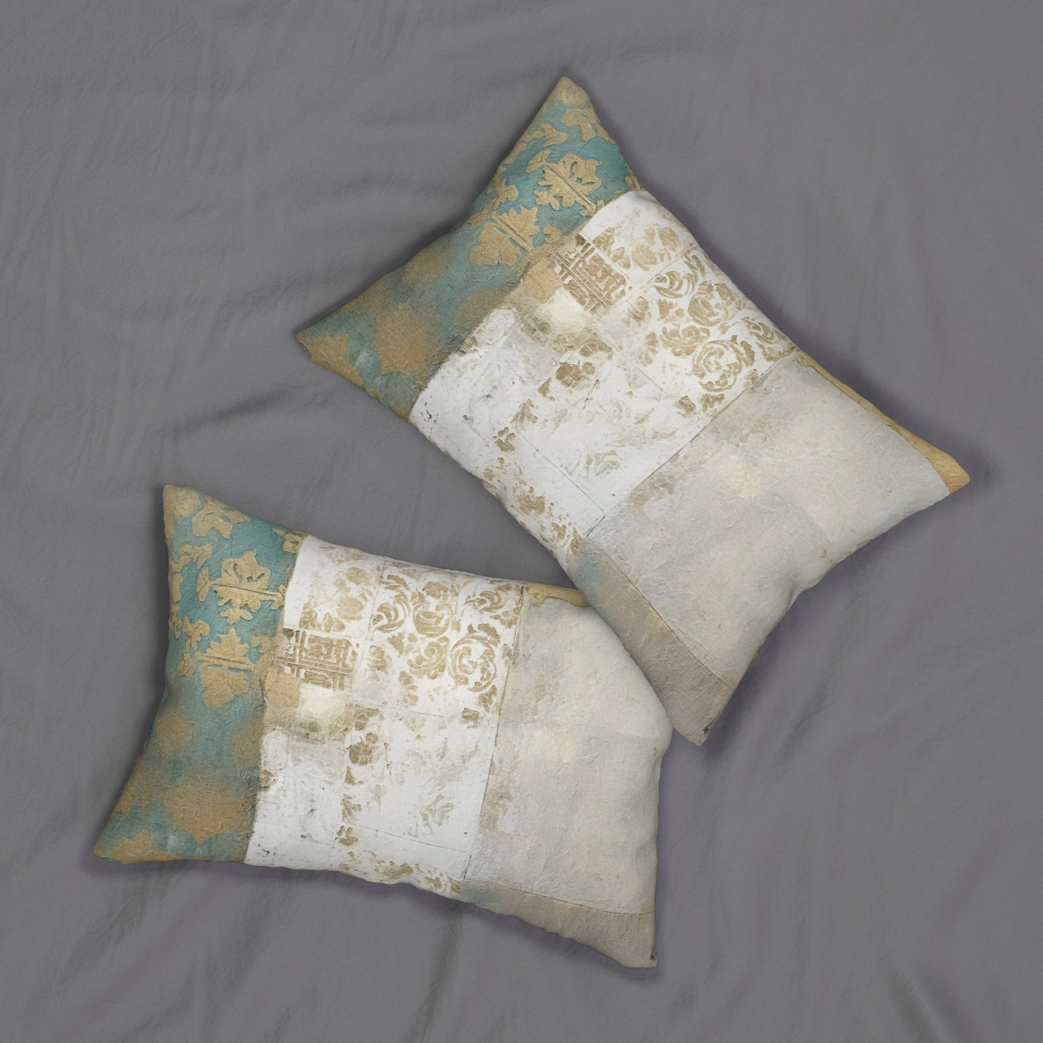 Abstract Lumbar Pillow | Teal Blue, White Beige