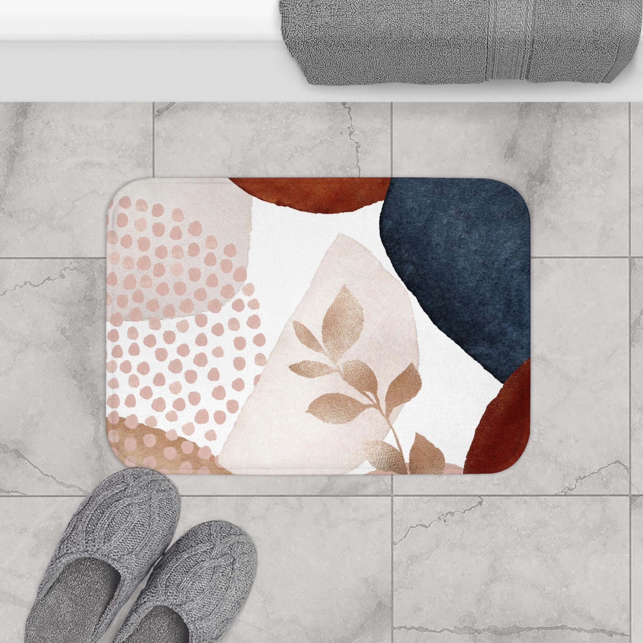 Abstract Bath Mat, Kitchen Mat | Blush Pink, White, Beige, Navy Blue Mat