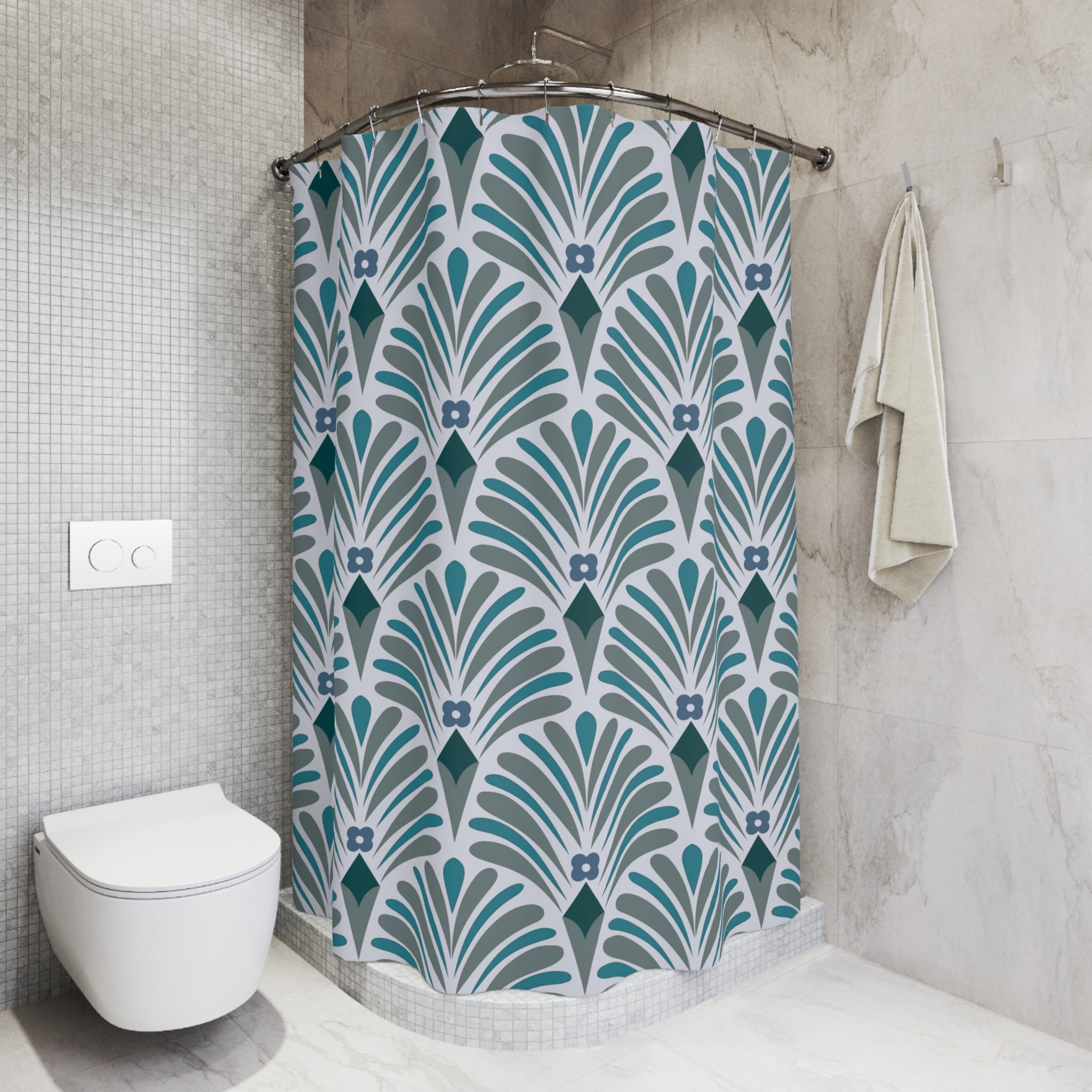 Abstract Shower Curtain | Pale Teal Blue, Grey Art Deco