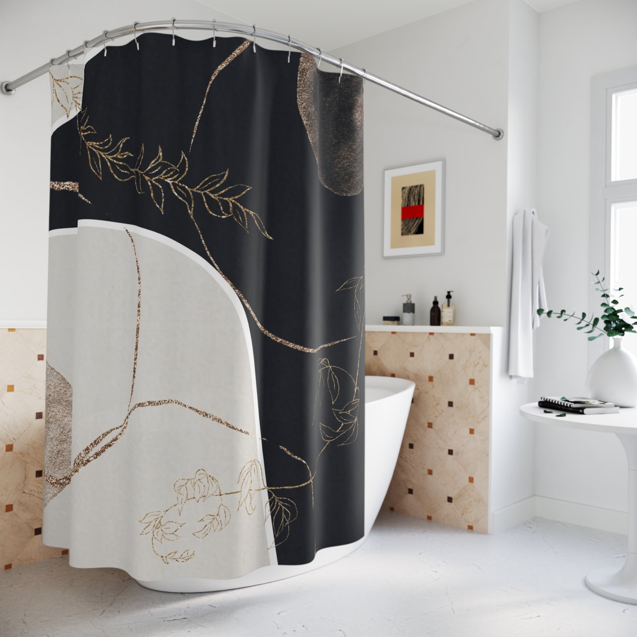 Boho Abstract Art Shower Curtain | Muted Gold Beige Black Line Art