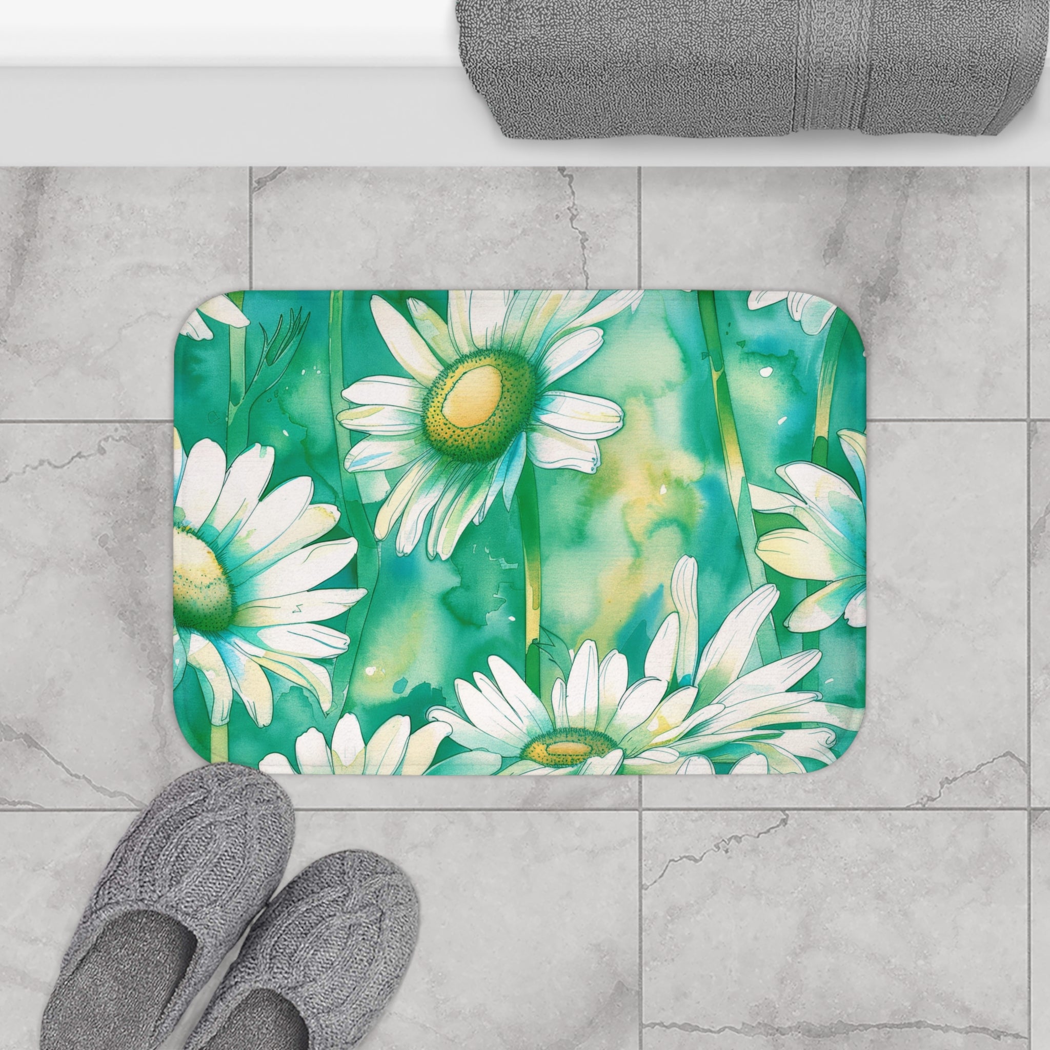 Boho Kitchen, Bath Mat | FloralTeal Sage Green, Daisies Floor Mat