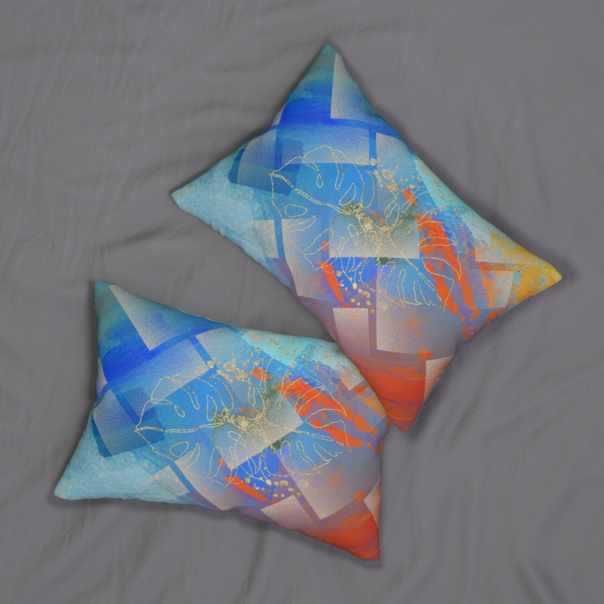 Abstract Lumbar Pillow | Blue Orange, Gold Monstera Leaves