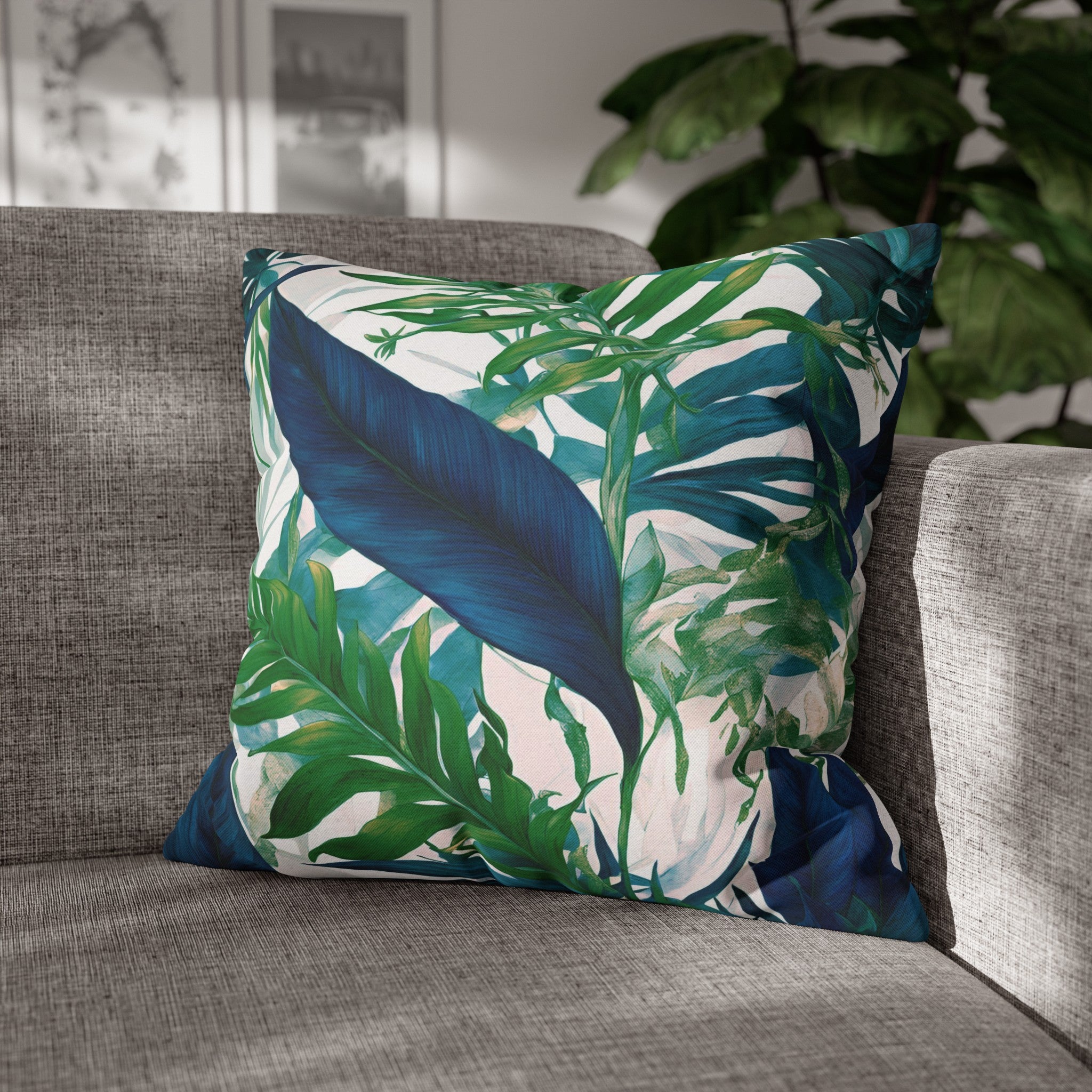 Tropical Floral Pillow Cover | Coastal Indigo Blue, Emerald Green