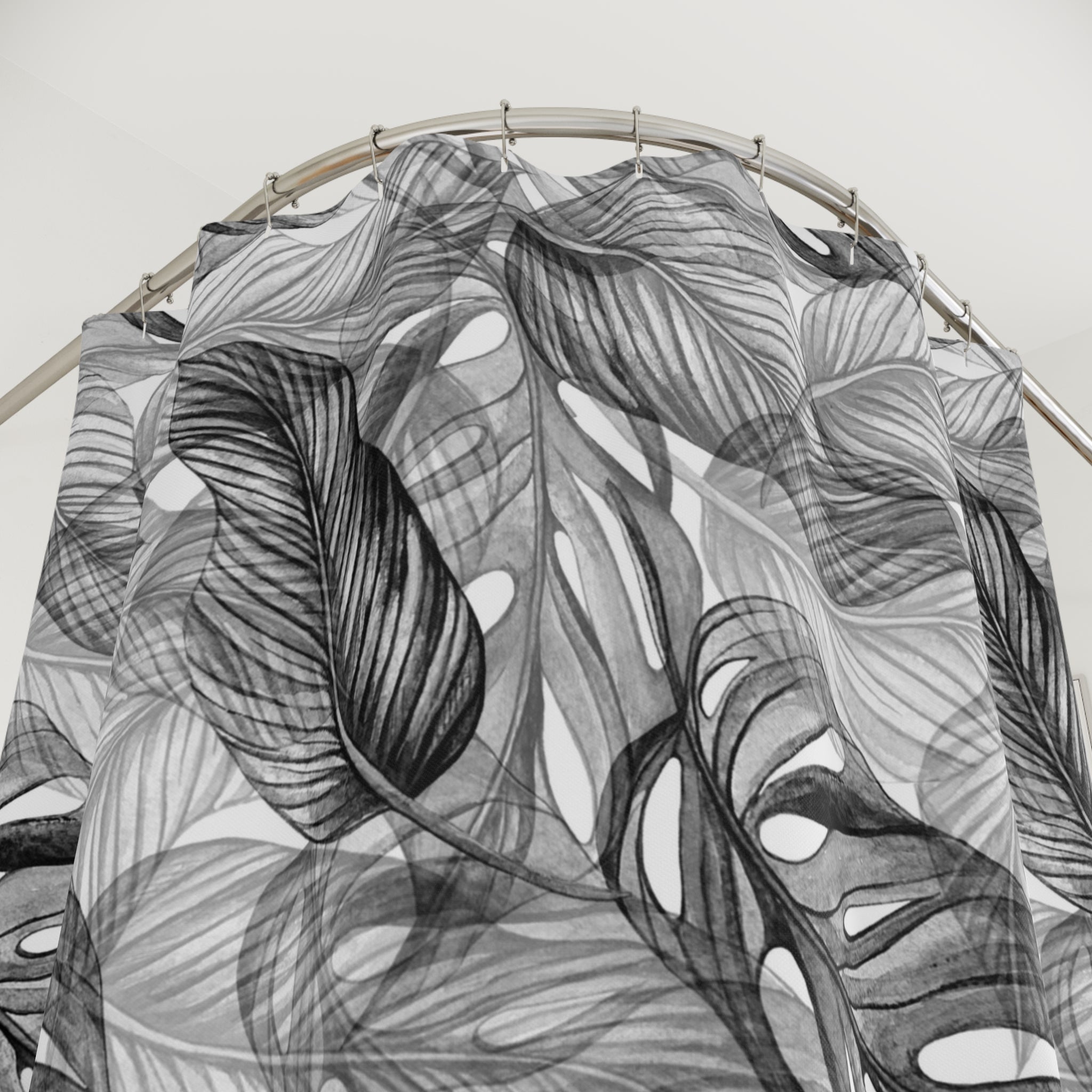 Black and White Tropical Leaf Shower Curtain | Minimalist Palm Botanical Bathroom Decor