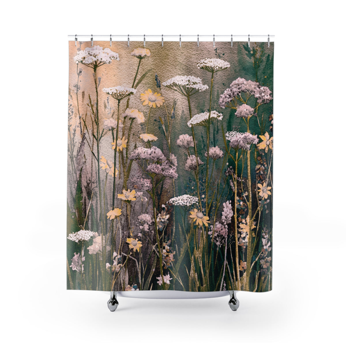 a shower curtain with a floral pattern, including various types of flowers and plants.