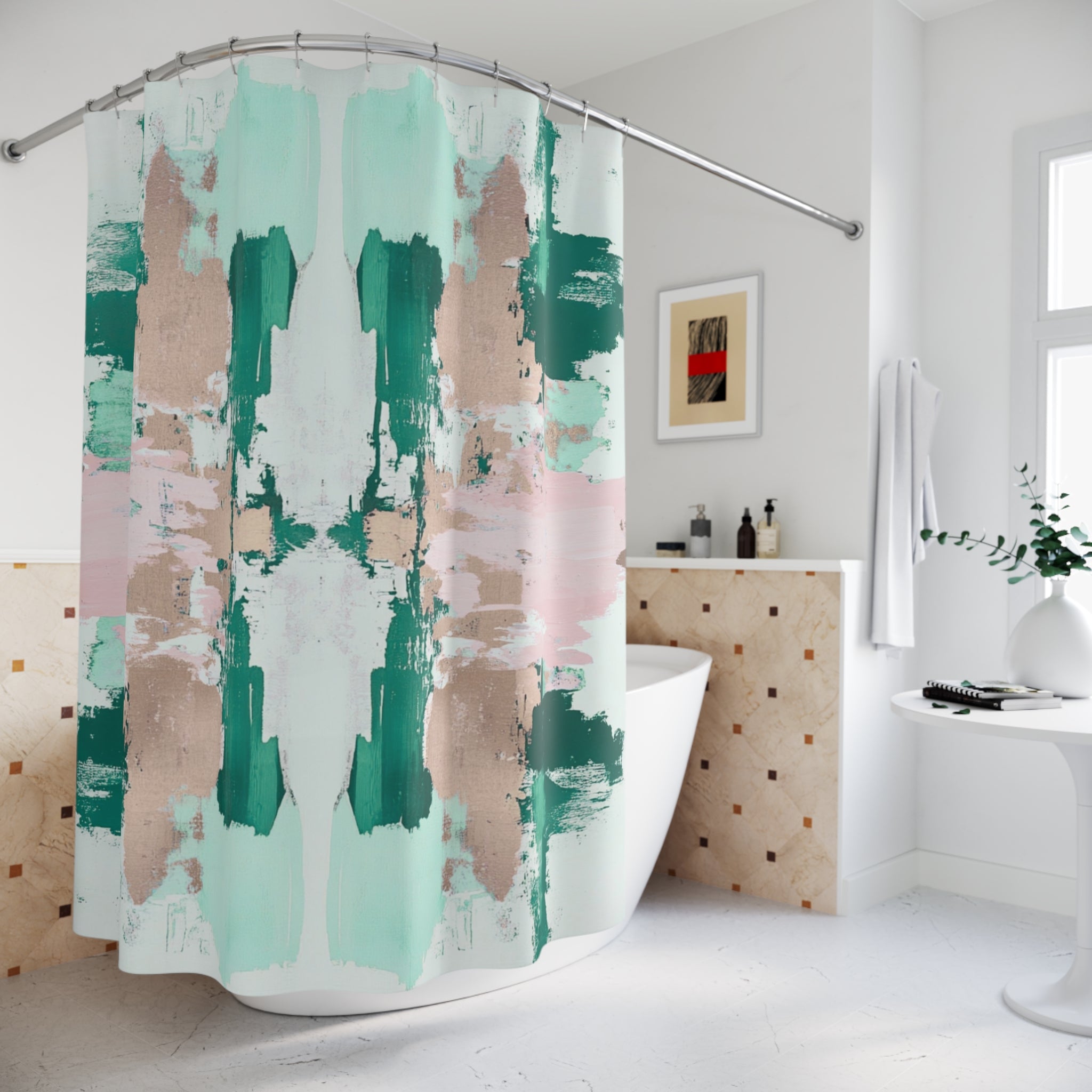 Abstract Shower Curtain | Sage Green Blush Beige