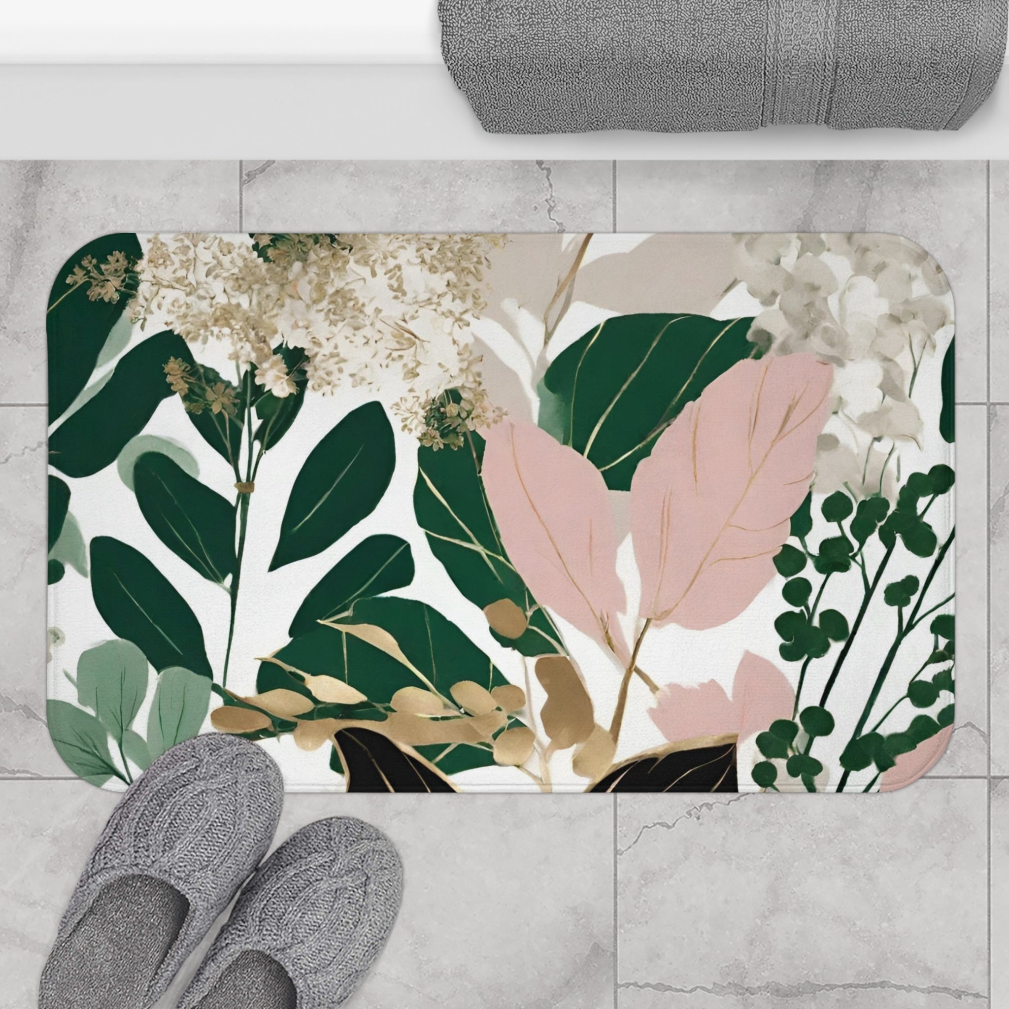 Floral Bath Mat | White, Beige, Emerald Green, Pink Leaves