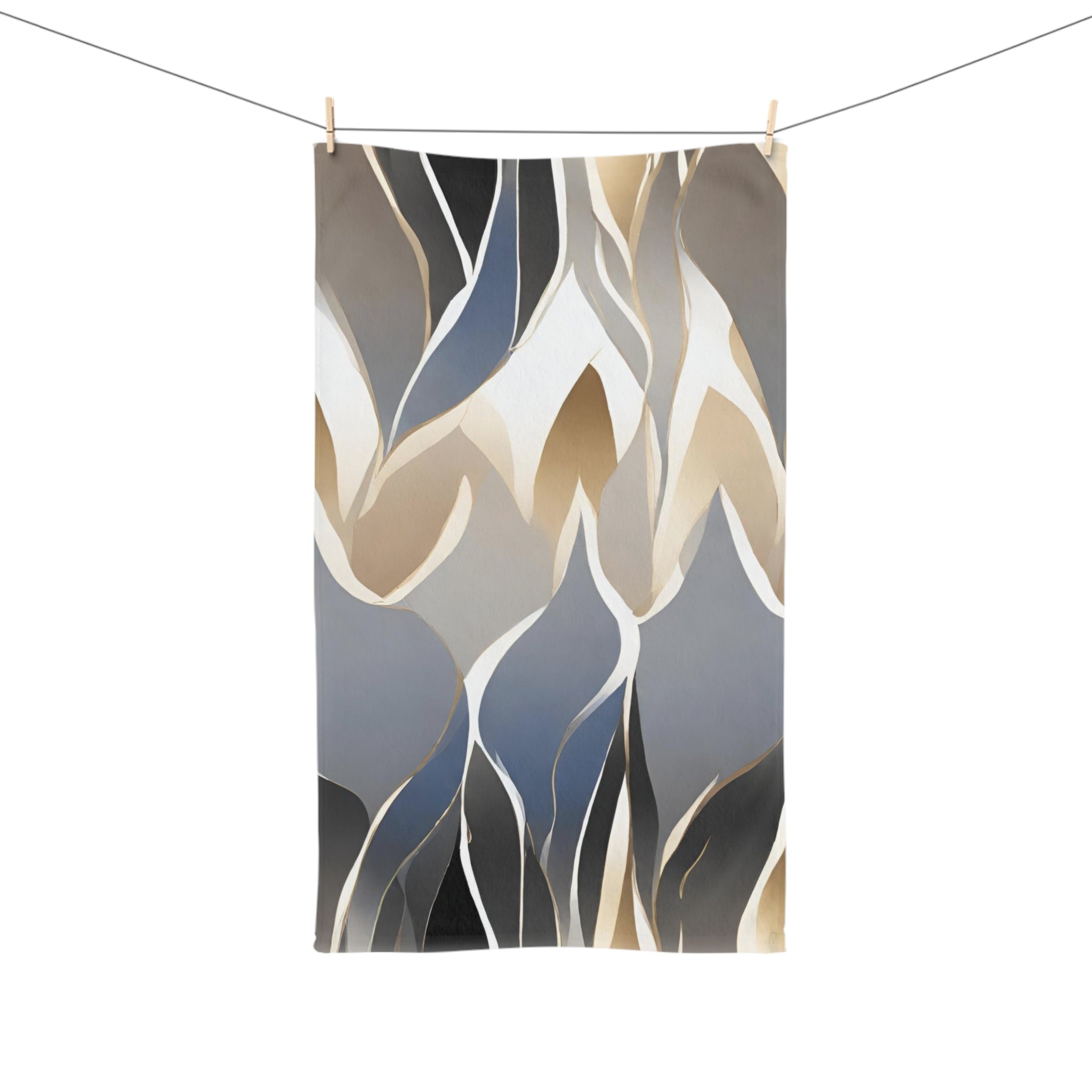 Abstract Kitchen, Bath Hand Towel | Grey Blue, Muted Gold Beige