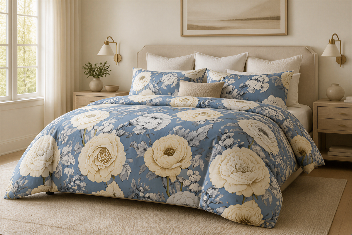 a bedroom with a large bed covered in a blue and white floral comforter. The bed is flanked by two nightstands, each with a lamp and a vase of flowers. The room has a neutral color scheme with beige walls and a wooden floor.