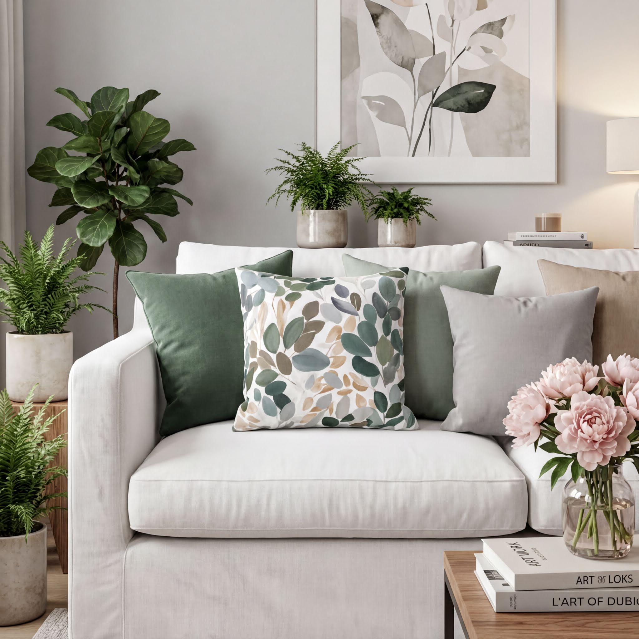 a cozy living room with a white sofa adorned with throw pillows and a vase of pink flowers on a wooden coffee table. The room is decorated with several potted plants, and a large abstract painting hangs on the wall.
