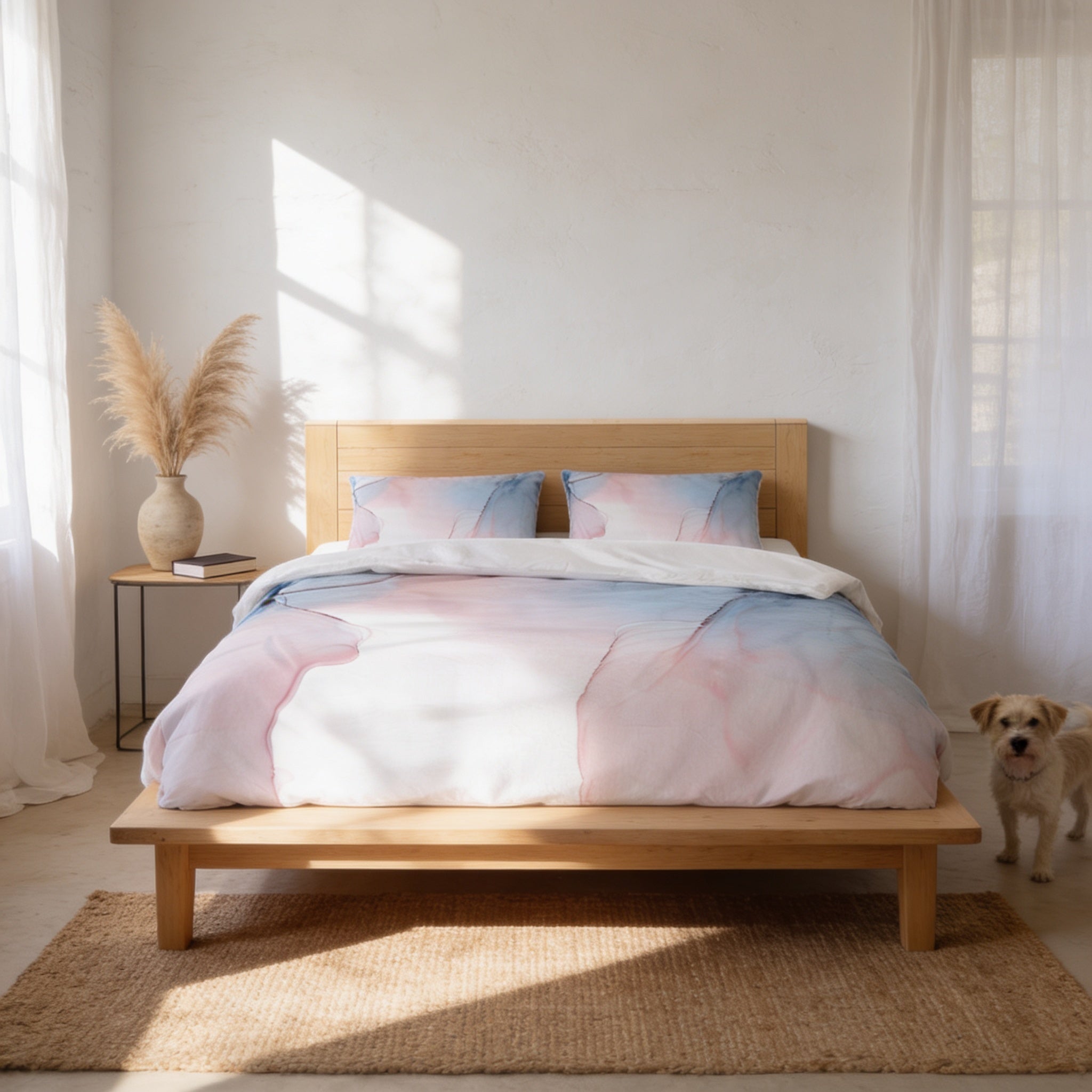 a serene bedroom scene with a wooden bed frame, a white and blue patterned comforter, and a small dog standing next to the bed.