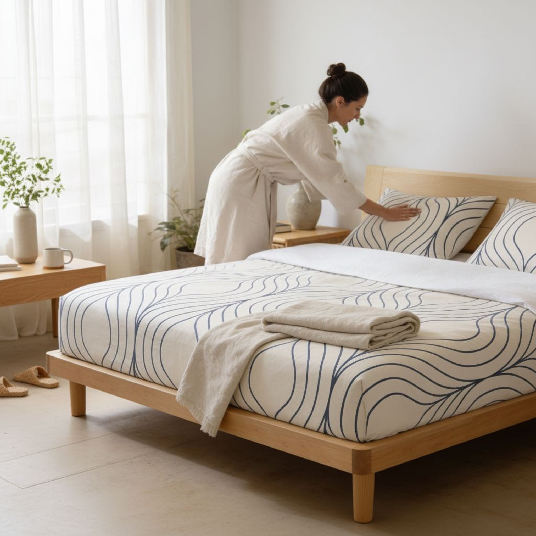 A woman in a white robe is arranging pillows on a bed with a patterned comforter and a folded blanket.