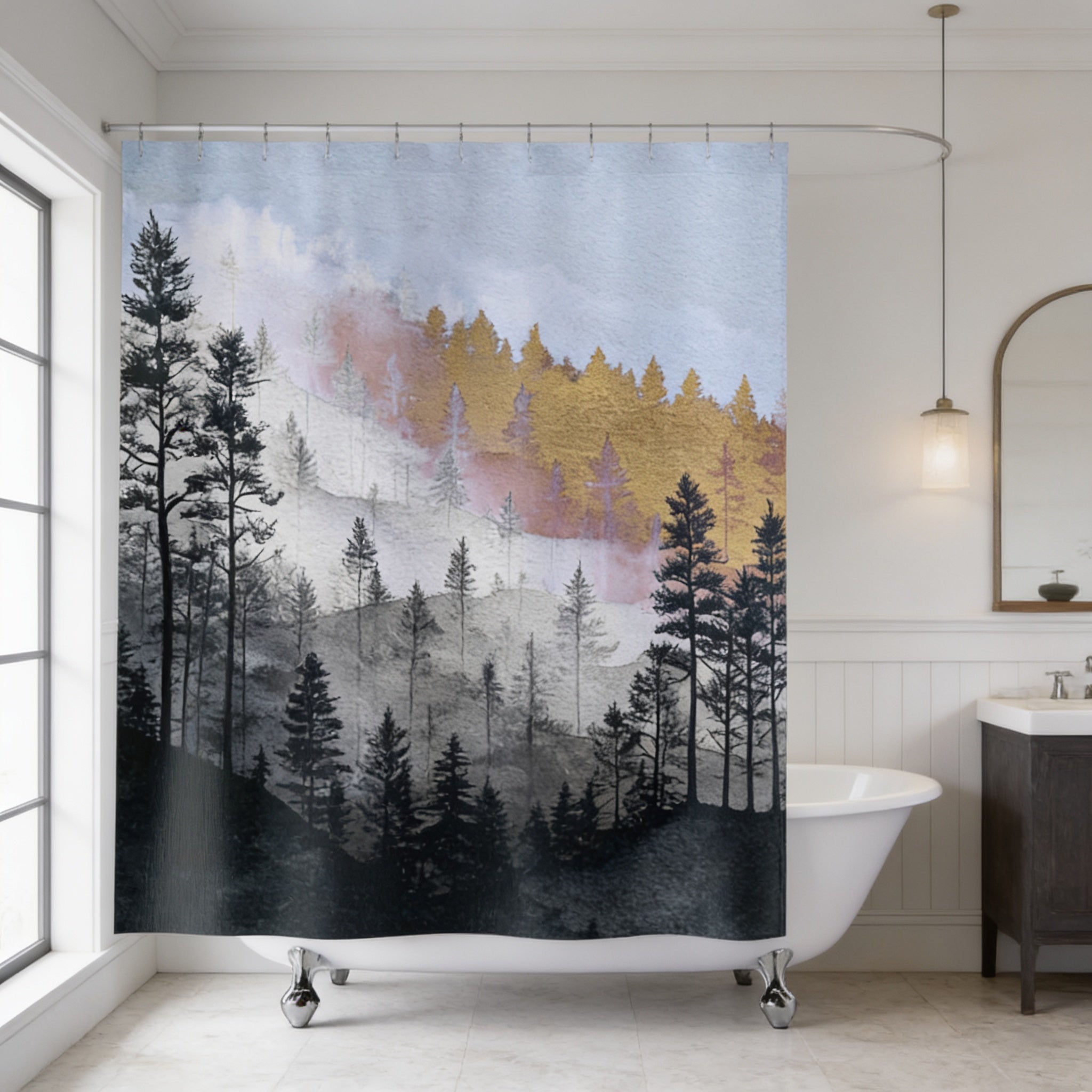 a bathroom with a white bathtub and a shower curtain with a forest scene printed on it.