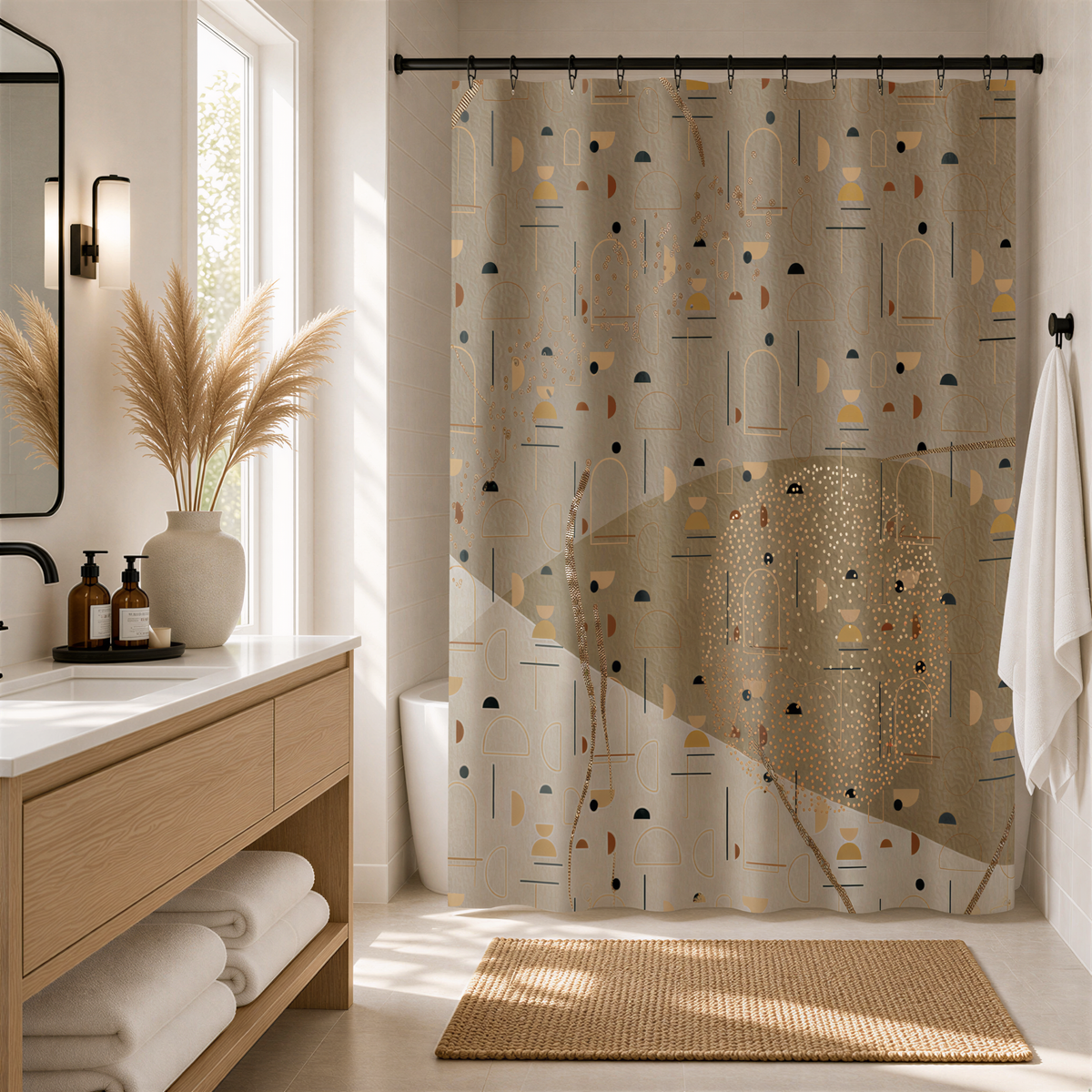 a modern bathroom with a shower curtain featuring a geometric pattern in shades of brown and beige. The bathroom is well-lit, with a large window providing natural light. The bathroom is equipped with a sink, a mirror, and a towel rack. There is also a vase of dried flowers on the counter, adding a touch of natural beauty to the space.