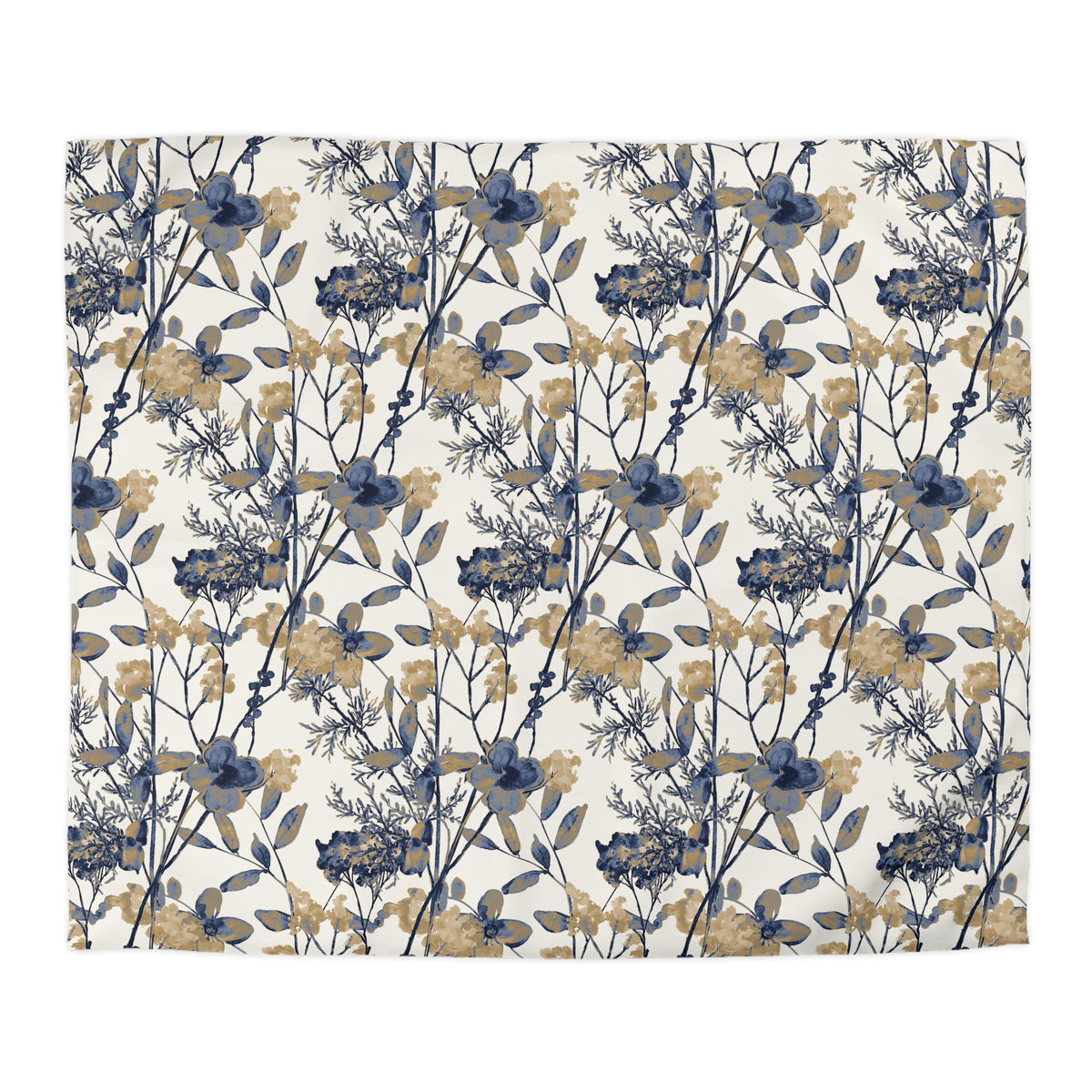 a repeating floral pattern with blue and gold colors, creating a visually appealing and harmonious design.