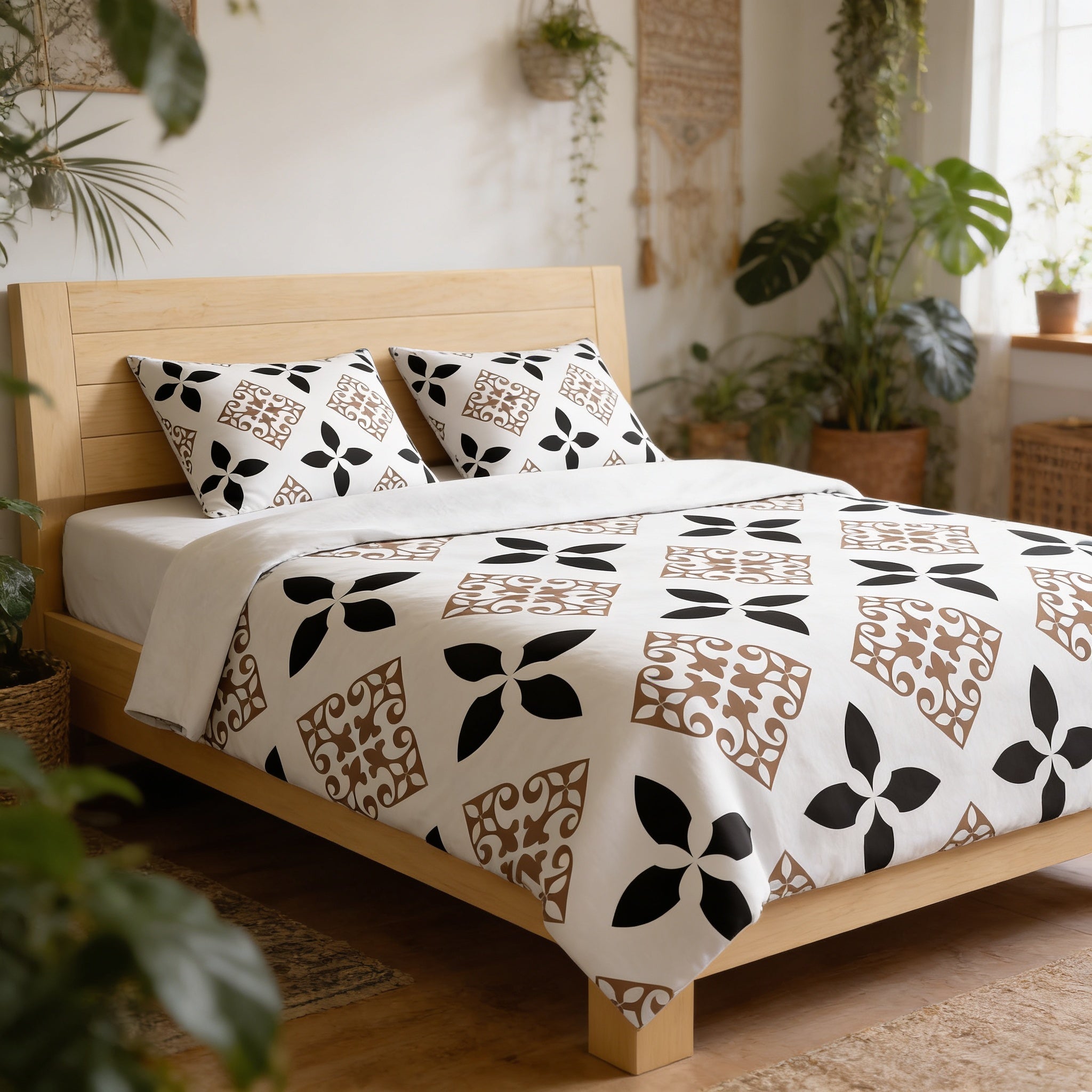 a bedroom with a wooden bed frame, a white and brown patterned comforter, and two matching pillows. The room is decorated with various plants and has a cozy, inviting atmosphere.