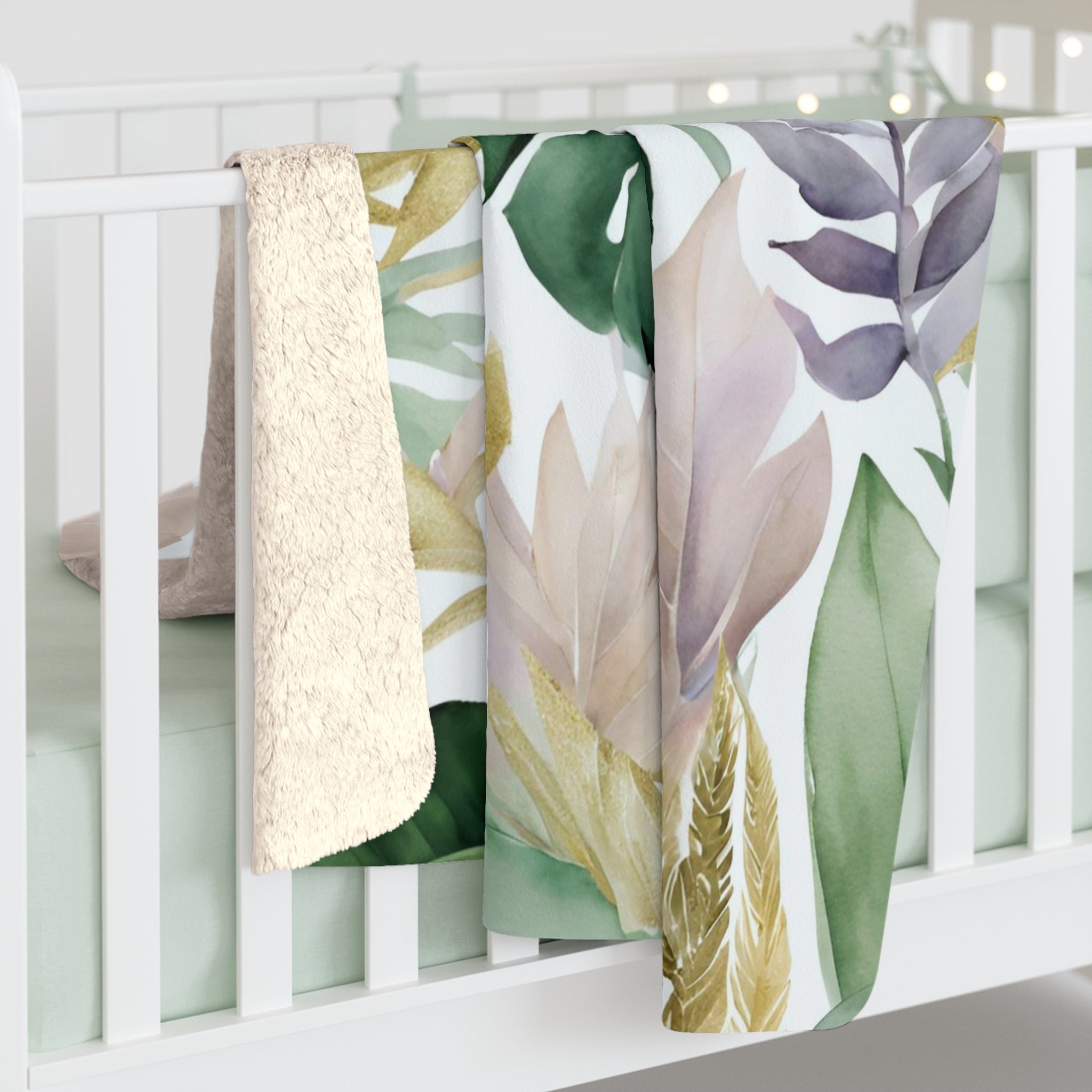 Tropical Floral Throw Blanket | Coastal Green, Purple Beige Blush Leaves