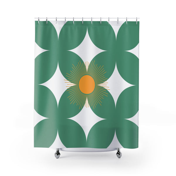 Mid Century, Boho Shower Curtain | Geometric Sage Green White, Orange Sun