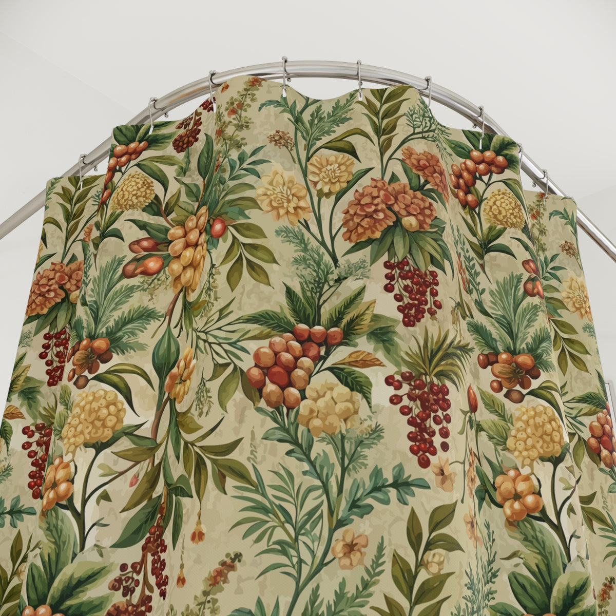 a shower curtain with a vibrant, colorful floral pattern.
