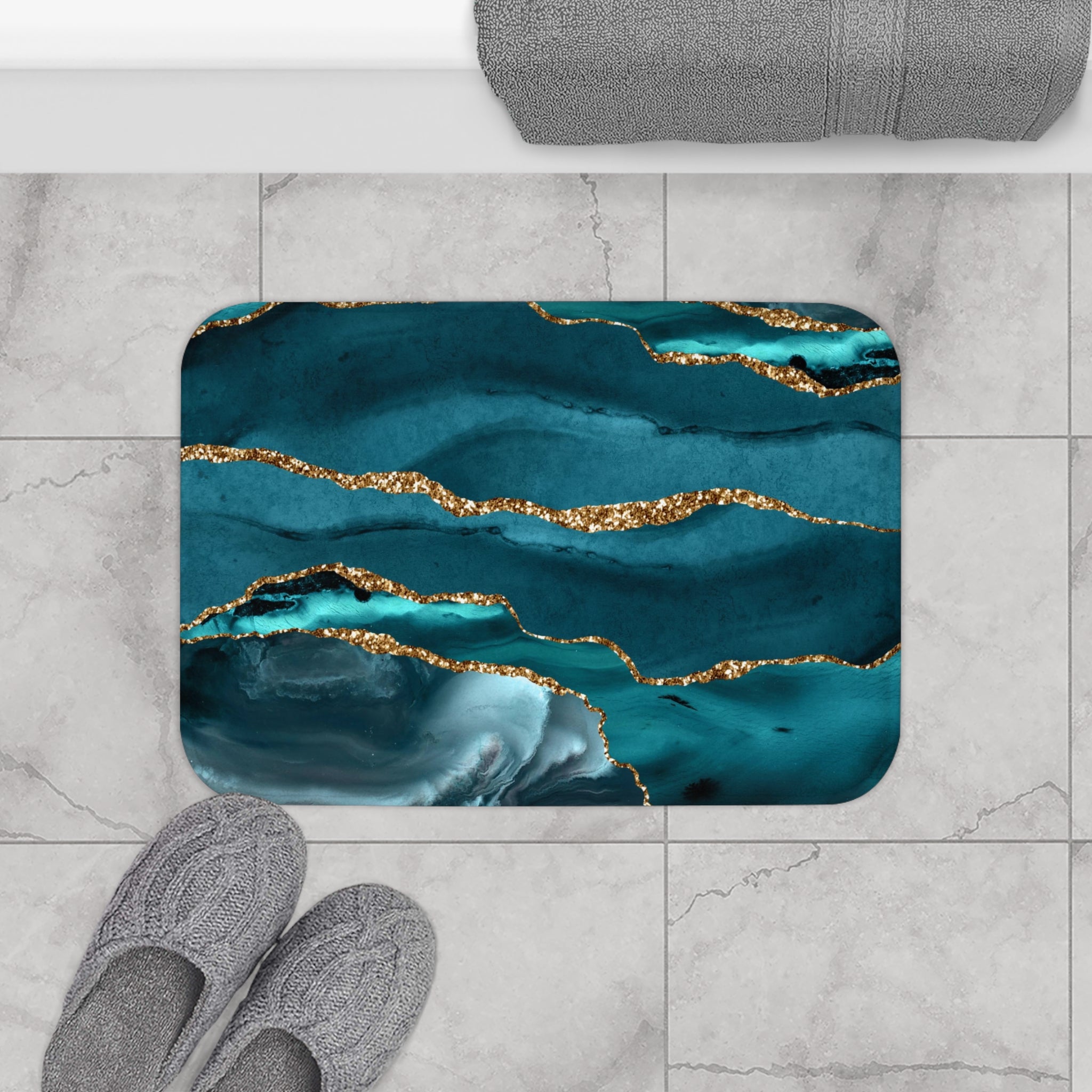 Teal Blue Bath Mat | Agate Marble Print Kitchen Mat