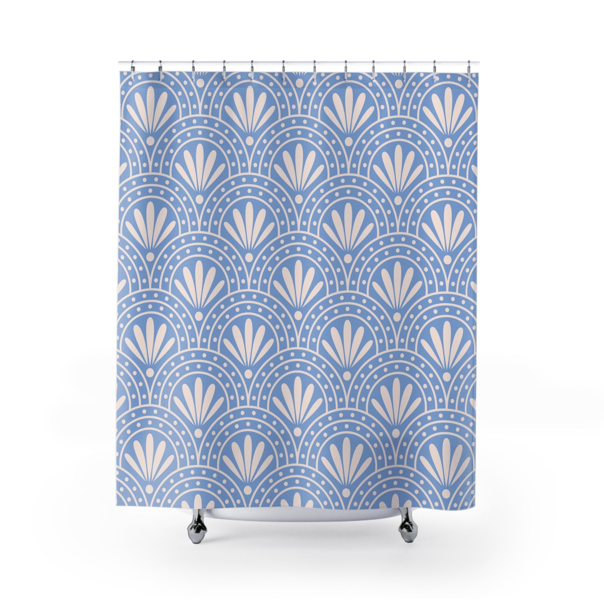 a shower curtain with a blue and white pattern