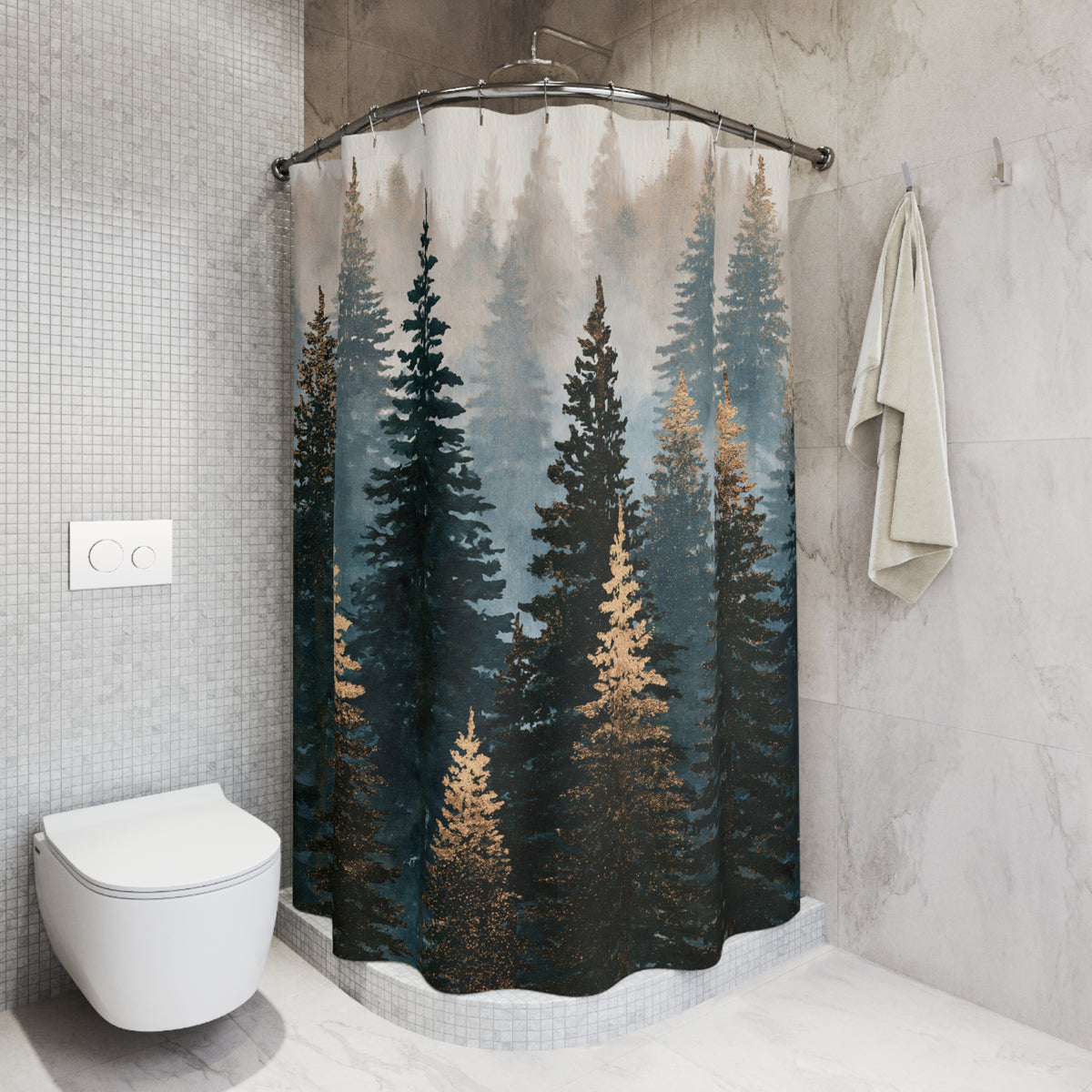 Misty Pine Forest Landscape Shower Curtain, Bath Curtain 71x74