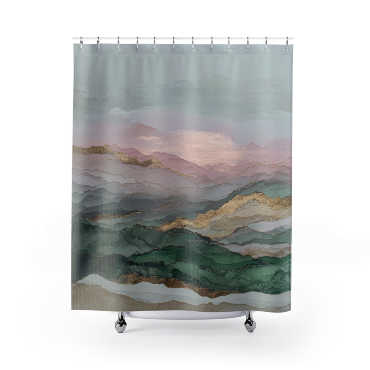 a shower curtain with a landscape scene printed on it.