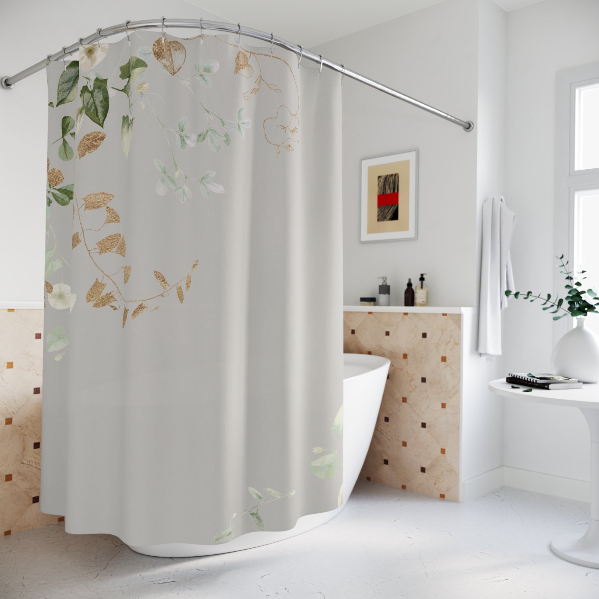 Floral Shower Curtain | Grey Green, Beige Leaves