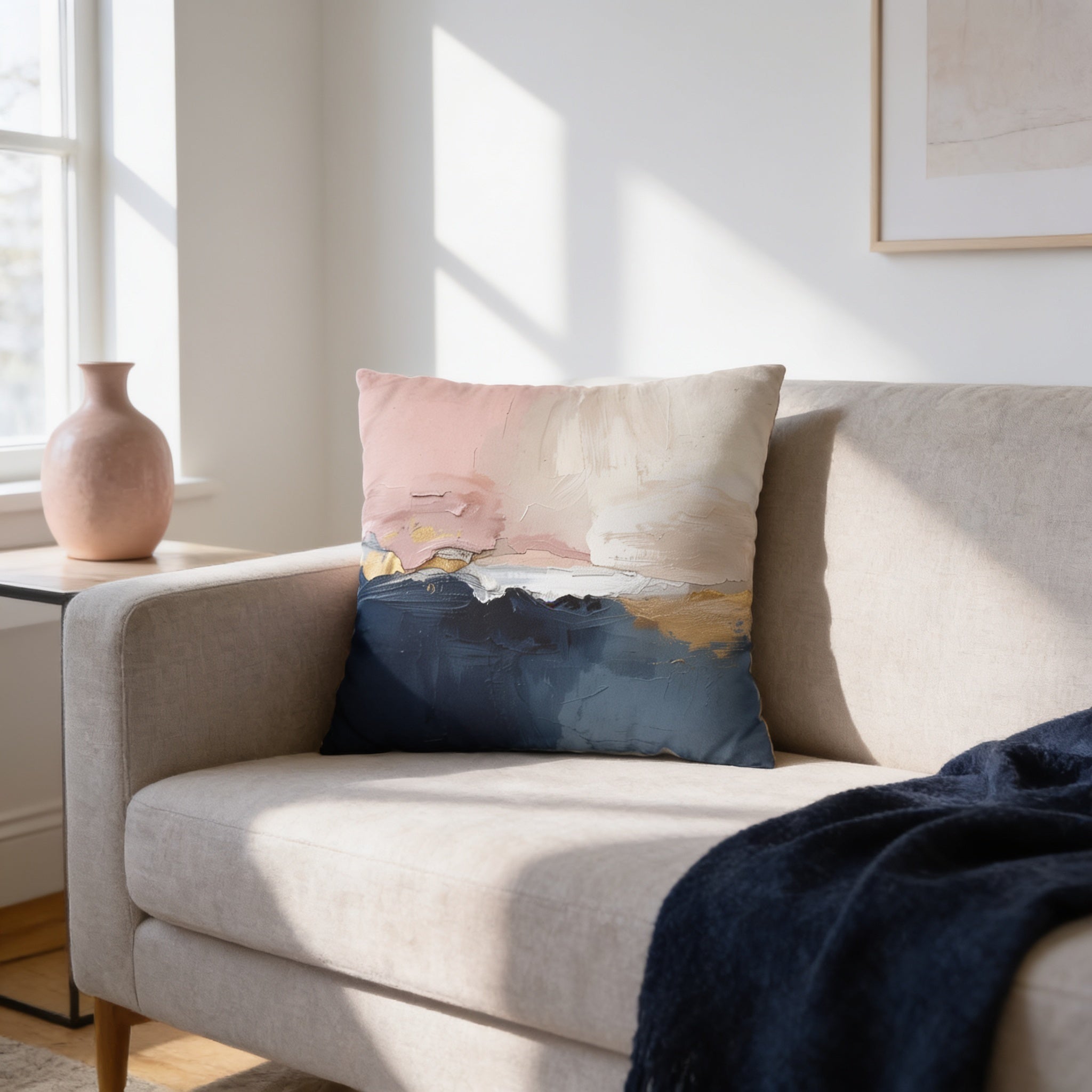 a living room with a beige sofa, a decorative pillow with a colorful abstract painting, and a vase on a side table.