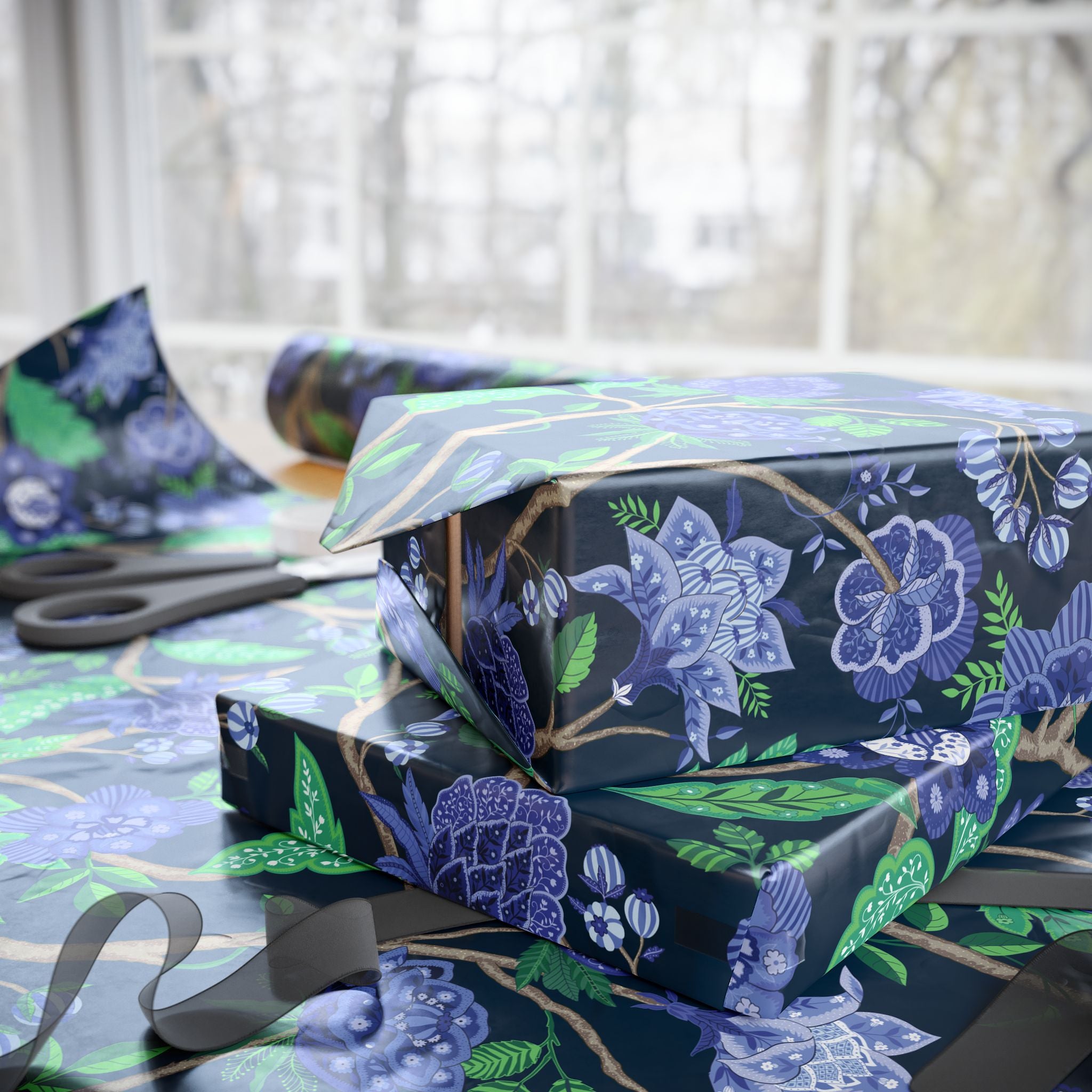 Wrapping Paper | Blue Green Floral Gift Wrap for the Holidays, Birthdays