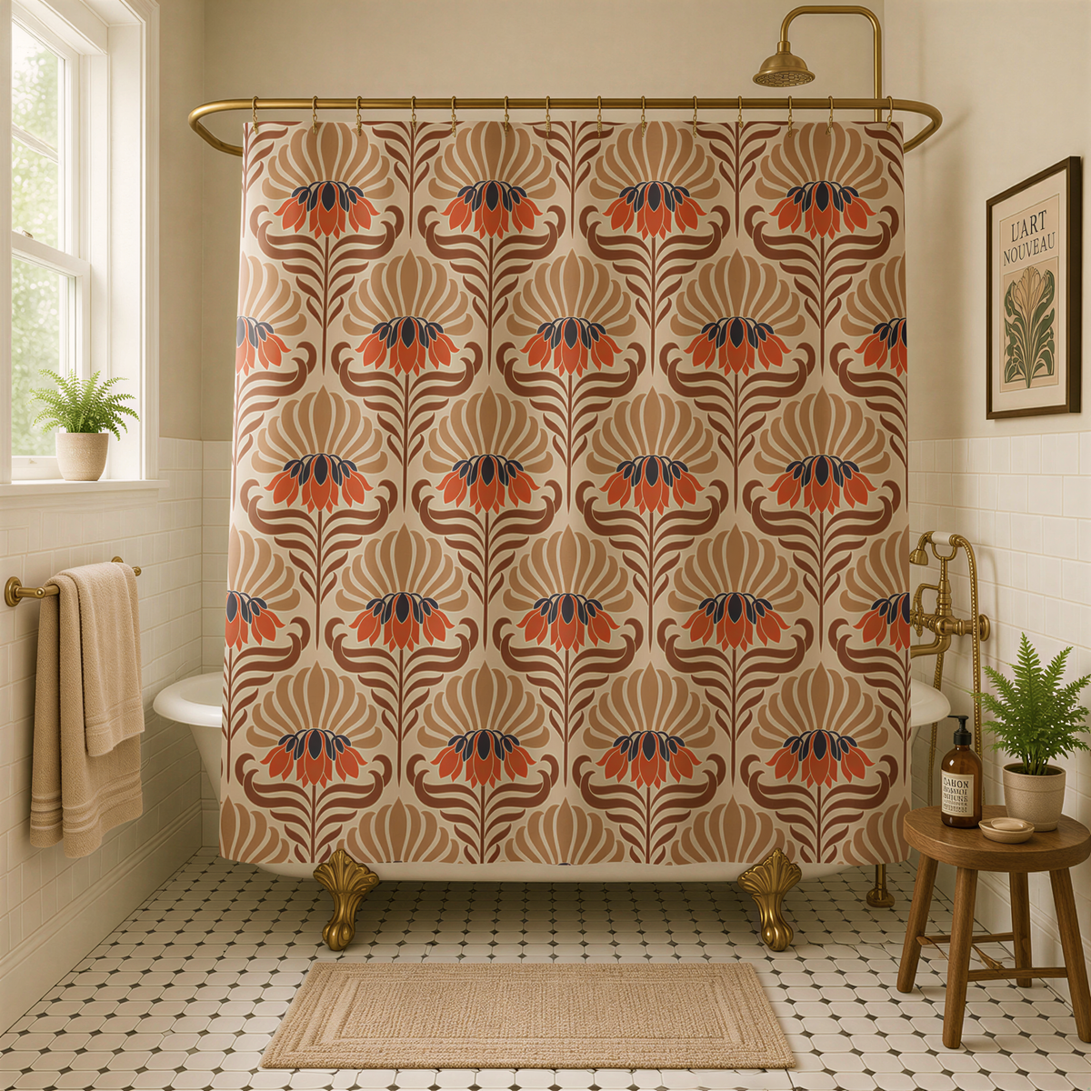 a bathroom with a shower curtain featuring a floral pattern in shades of brown and orange. The shower is positioned under a gold-colored metal rod, and there is a small table with a plant and a bottle on it. The bathroom has white tiles on the floor and walls, and a window is visible on the left side.