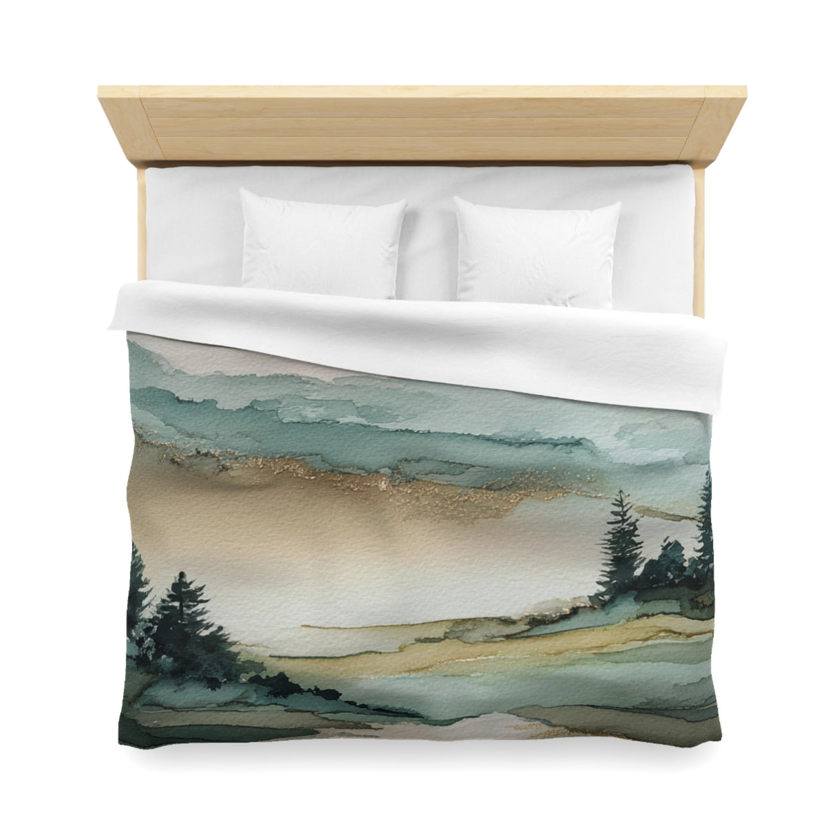 a bed with a white comforter and pillows, featuring a watercolor landscape print depicting a serene forest scene.