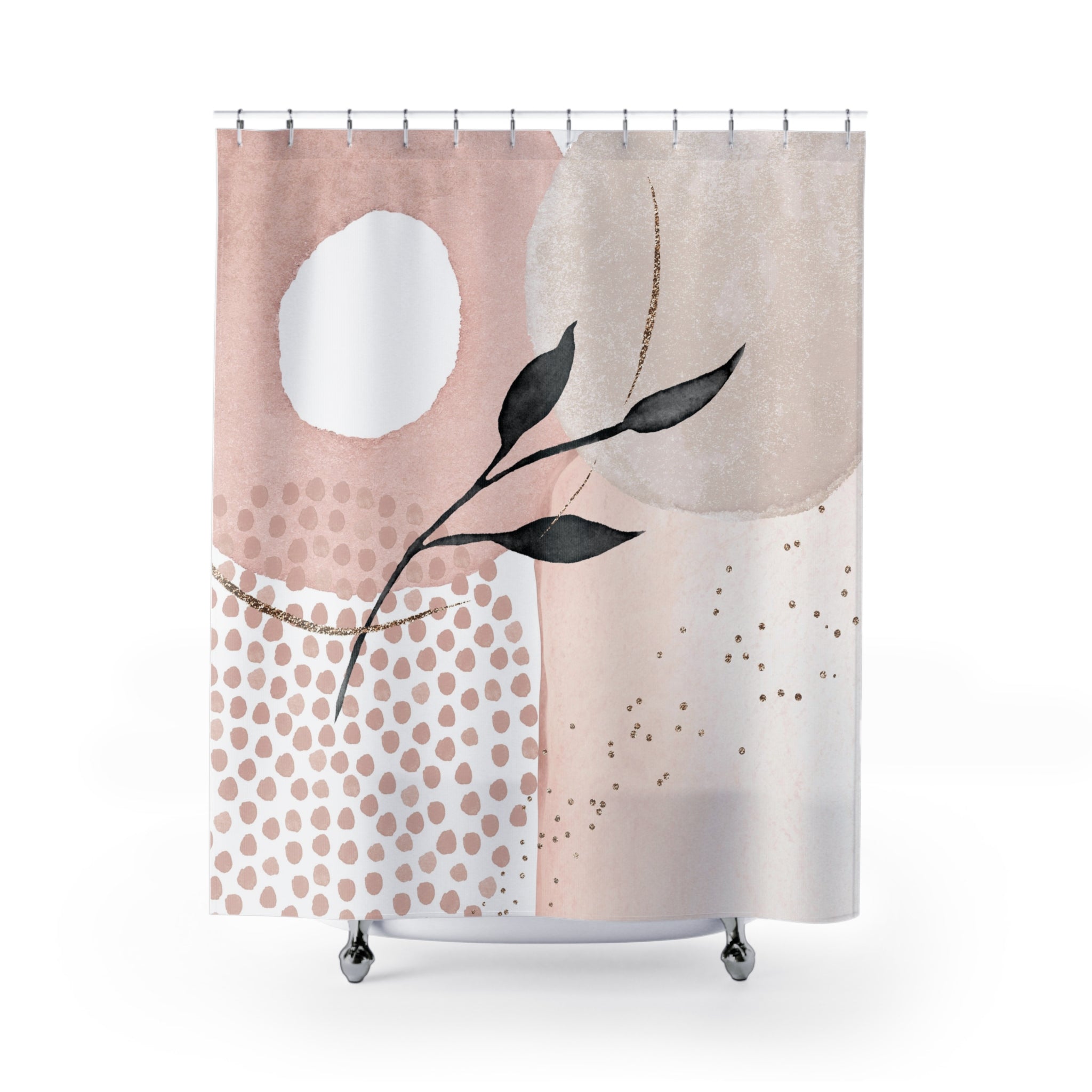 Boho Abstract Shower Curtain | Blush Pink, Grey Black Leaf