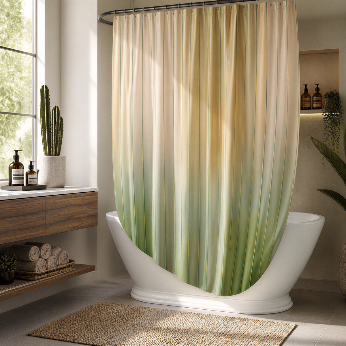 a modern bathroom with a large white freestanding bathtub, a shower curtain with a gradient of green and beige colors, and a wooden vanity with a sink. The bathroom is well-lit and decorated with potted plants and other accessories, creating a serene and inviting atmosphere.
