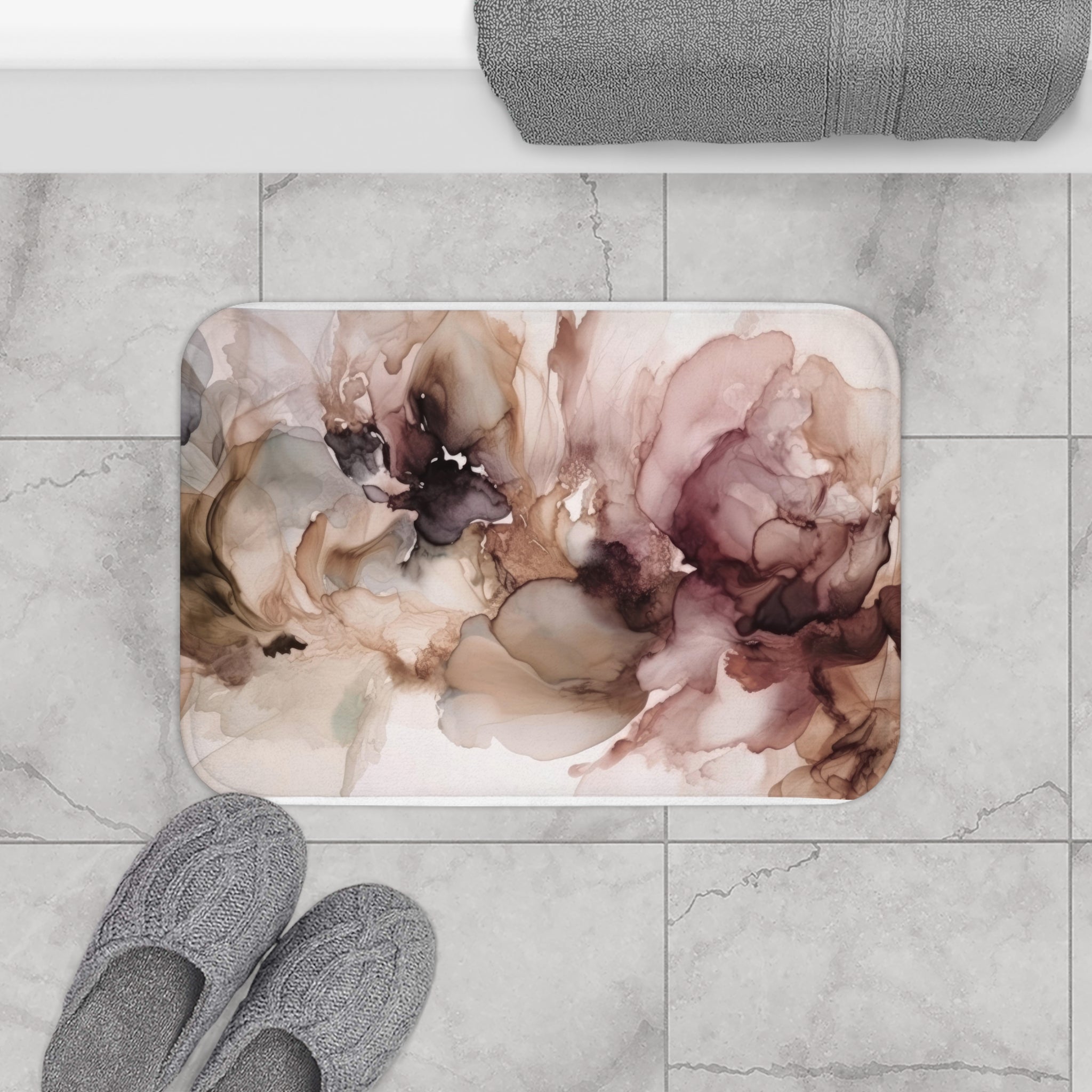 Boho Abstract Floral Bath Mat | Mauve Pink, Taupe Beige Kitchen Mat