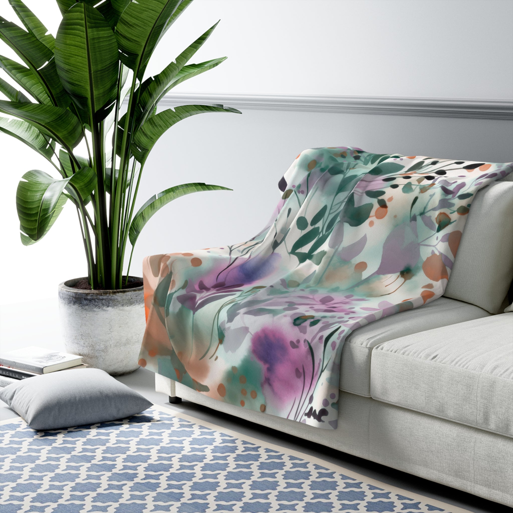 Abstract Floral Throw Blanket | Green Lilac Watercolor