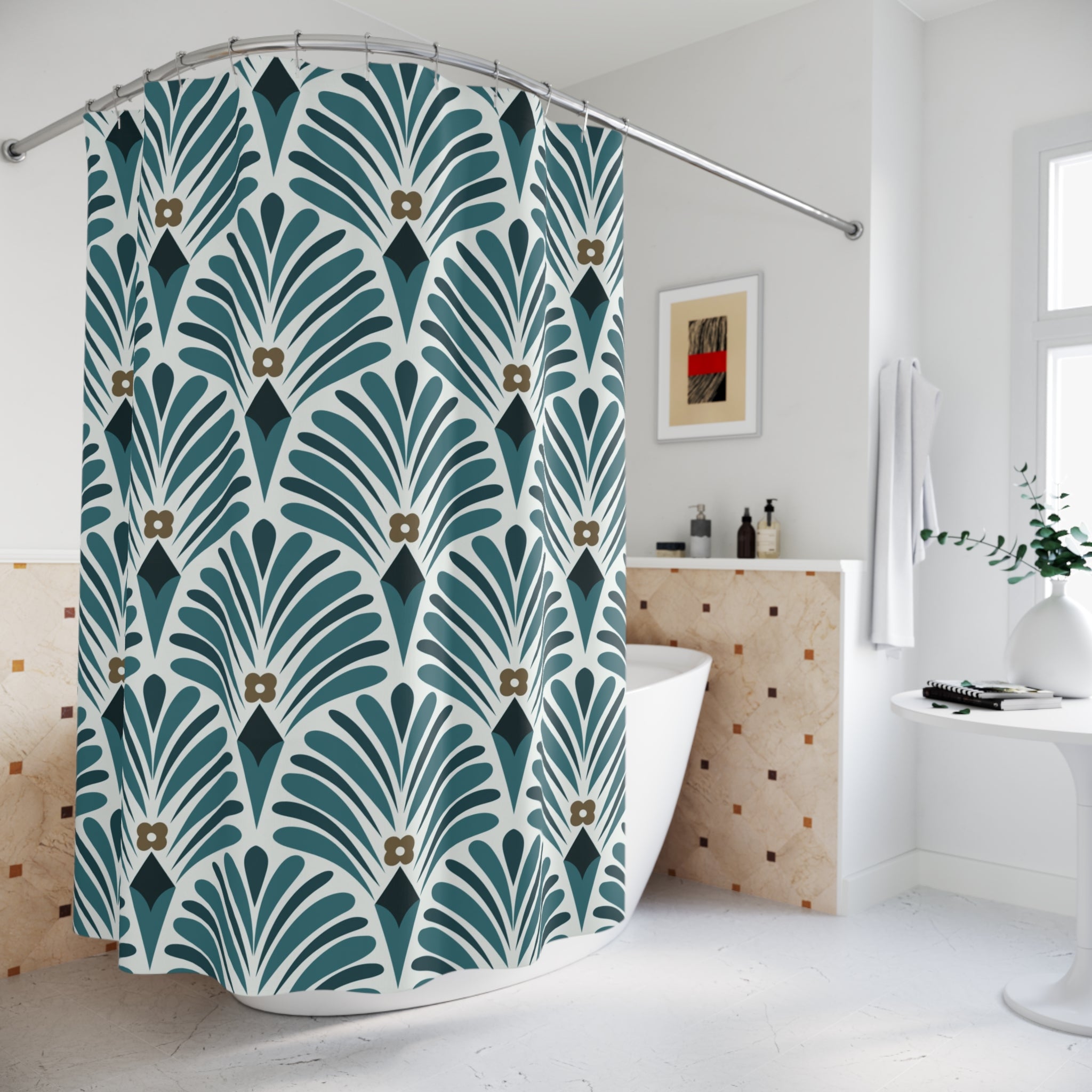 Boho Shower Curtain | Art Deco Nouveau Teal Green