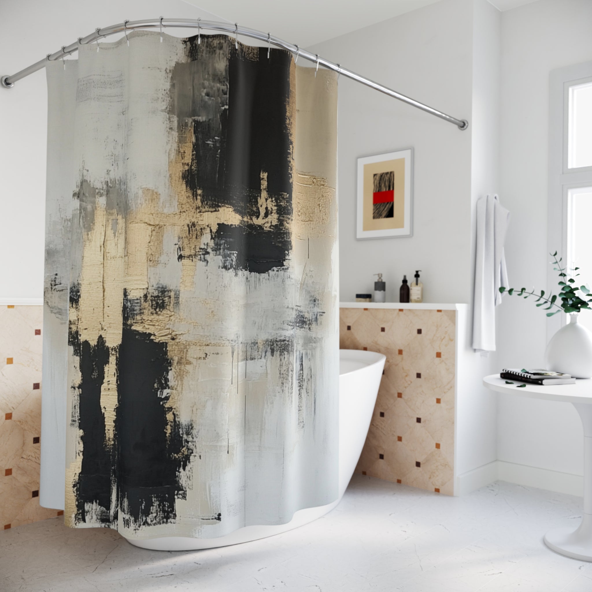 Abstract Shower Curtain | Black Grey Beige White