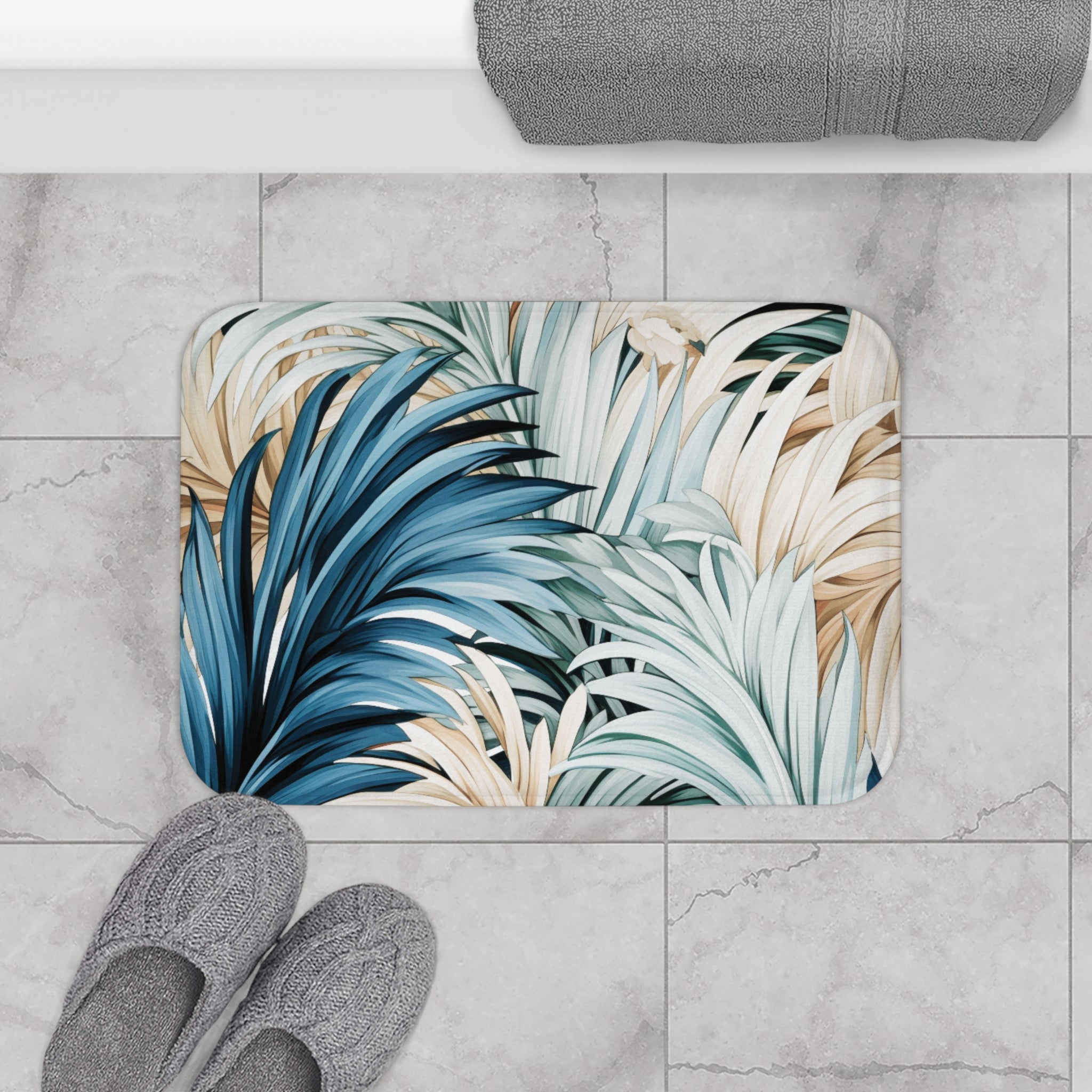 Jungle Leaves Bath Mat | Blue Beige Kitchen Mat