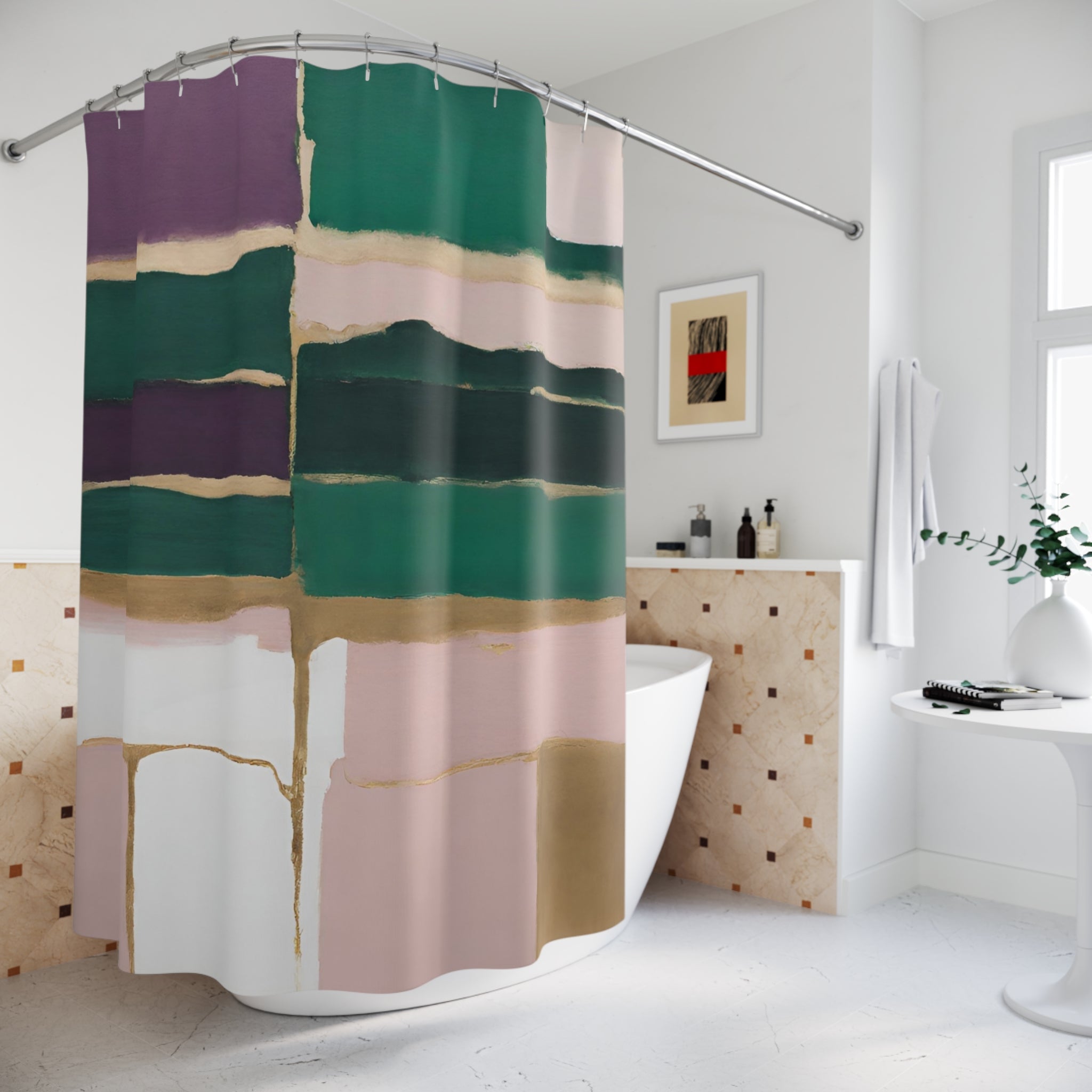 Boho Abstract Shower Curtain | Emerald Green Purple Pink