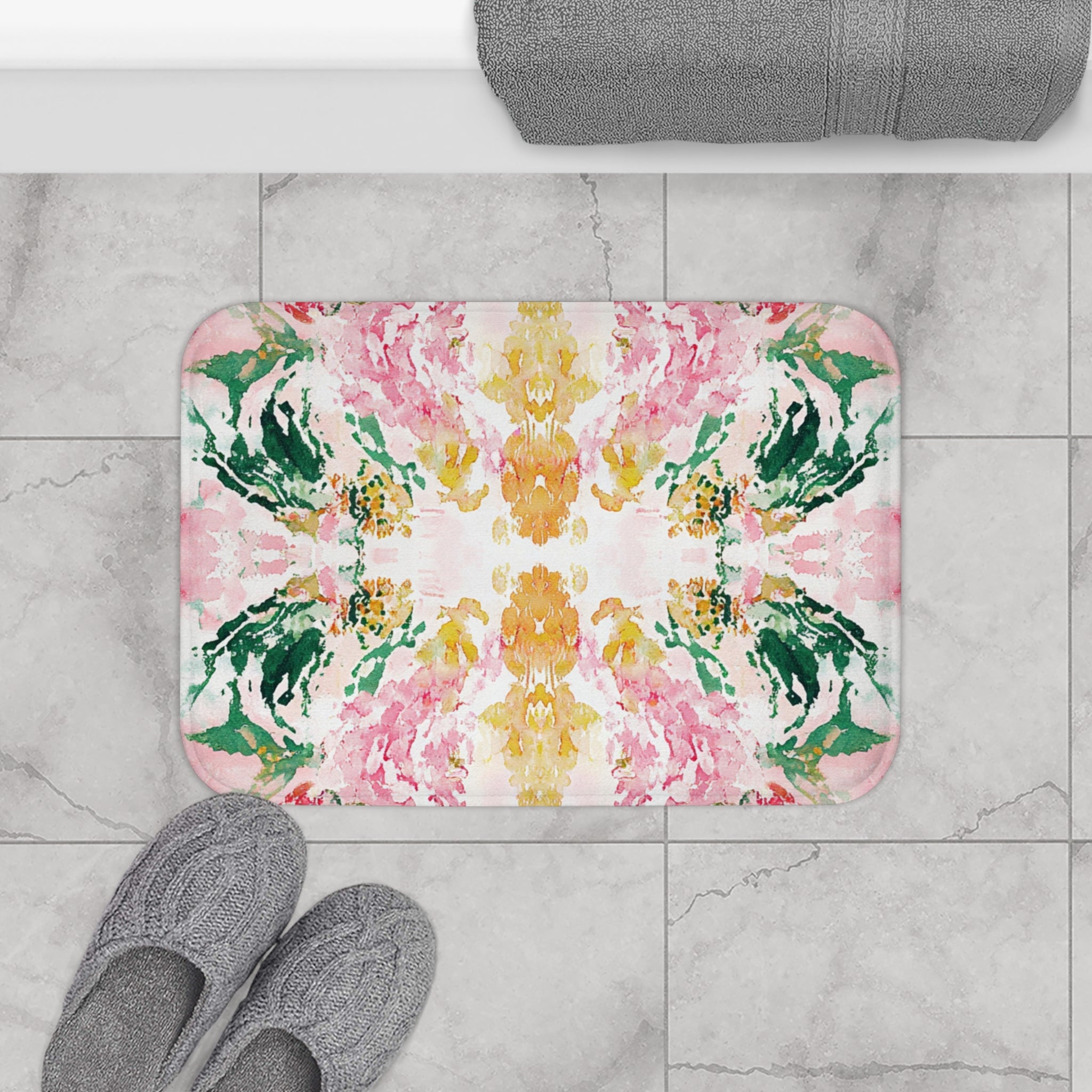 Mirrored Art, Modern Bath Mat | Abstract Pink Green White Kitchen Mat