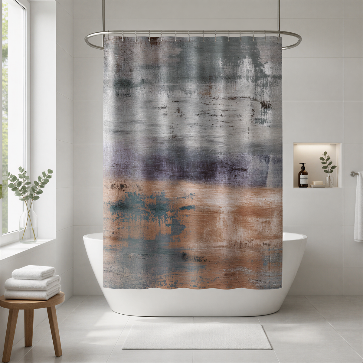 a modern bathroom with a large abstract shower curtain in shades of blue, gray, and brown. The bathroom has a white bathtub, a wooden stool, and a small plant on the windowsill.