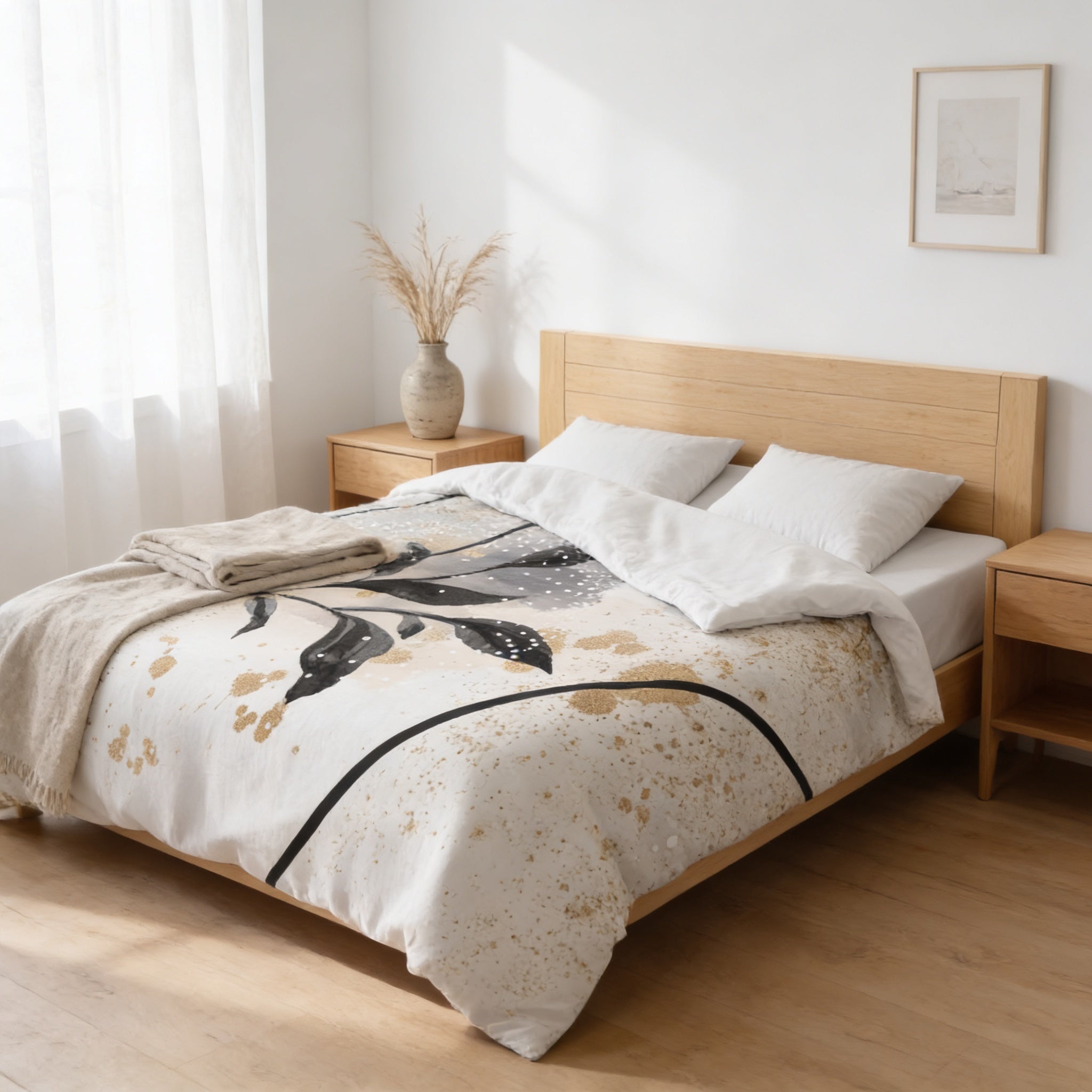 a serene and modern bedroom with a large bed, wooden headboard, and white walls. The bed is adorned with a patterned comforter featuring a black and white design, and a vase of dried flowers is placed on the nightstand beside the bed. The room has a clean and minimalist aesthetic, with a wooden floor and a window providing natural light.