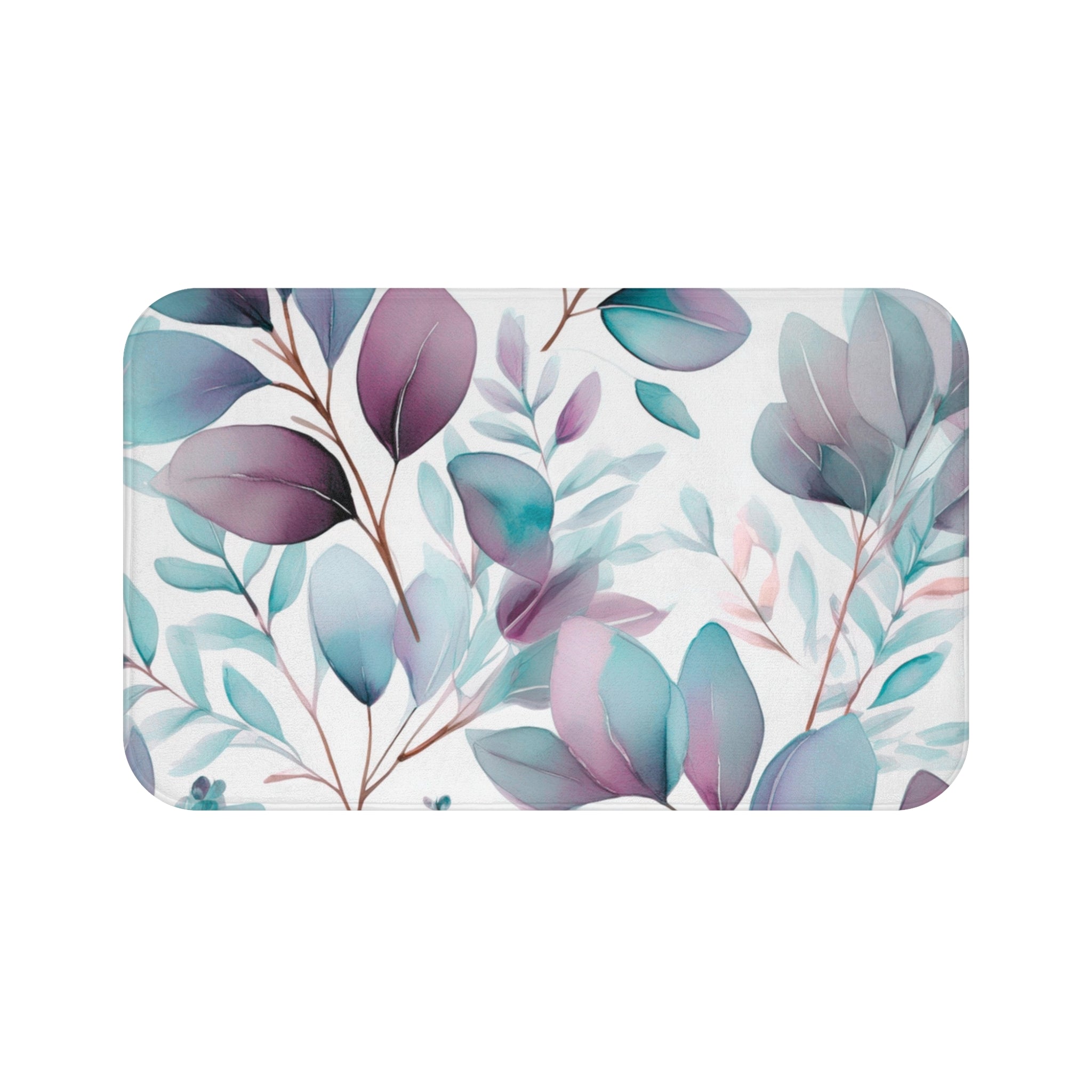Floral Bath Mat | Teal Mauve White Leaves Kitchen Mat