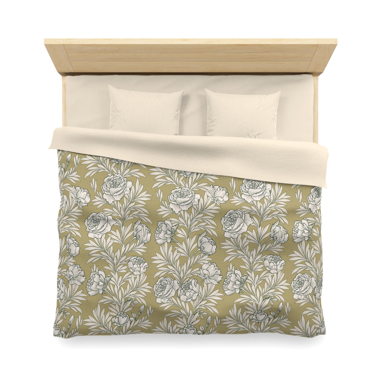 a neatly made bed with a floral patterned comforter and pillows.